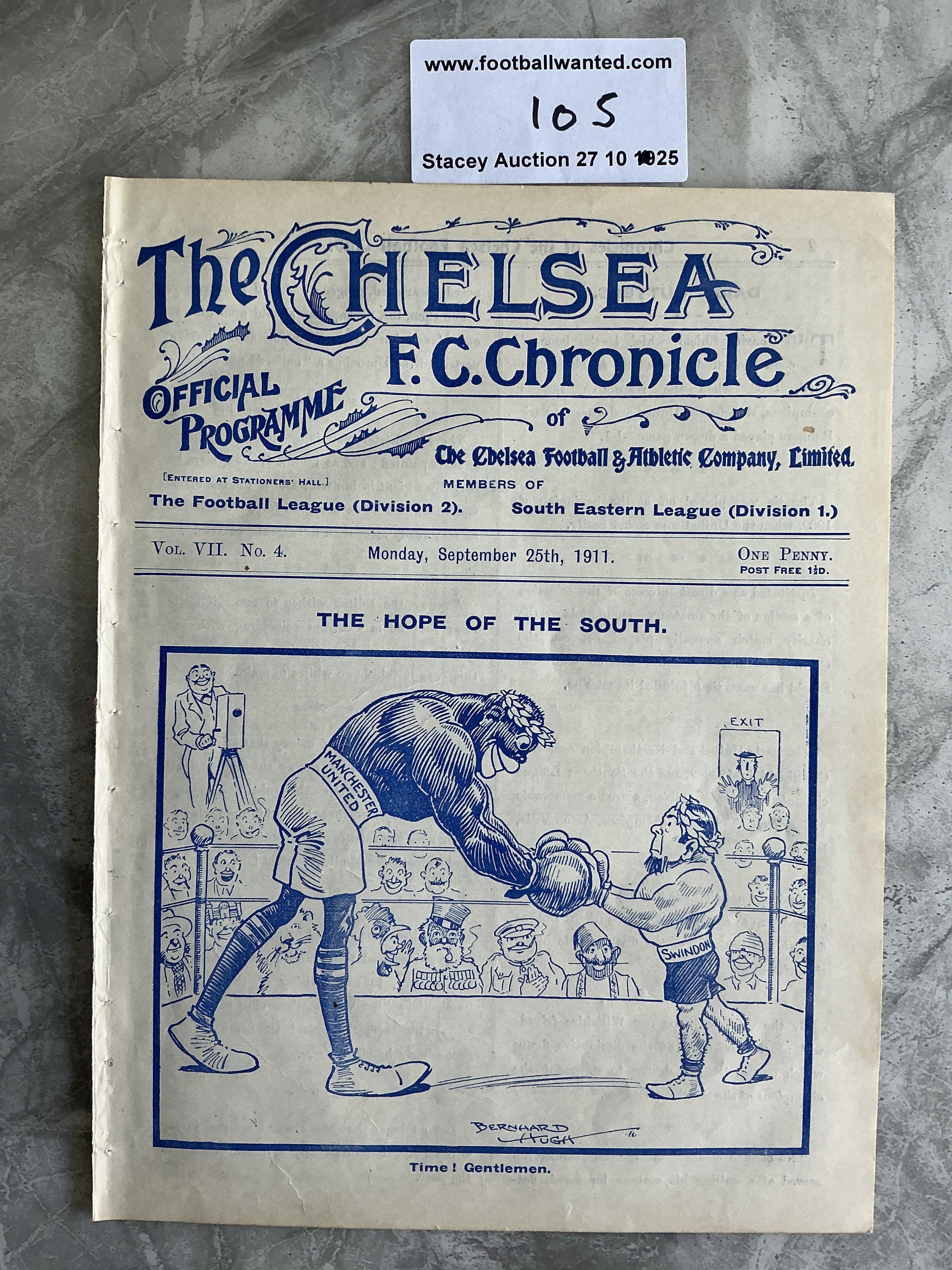 1911 - 1912 Charity Shield Swindon v Manchester United Football Programme: Played at Chelsea. Excellent condition 4 pager with no writing.