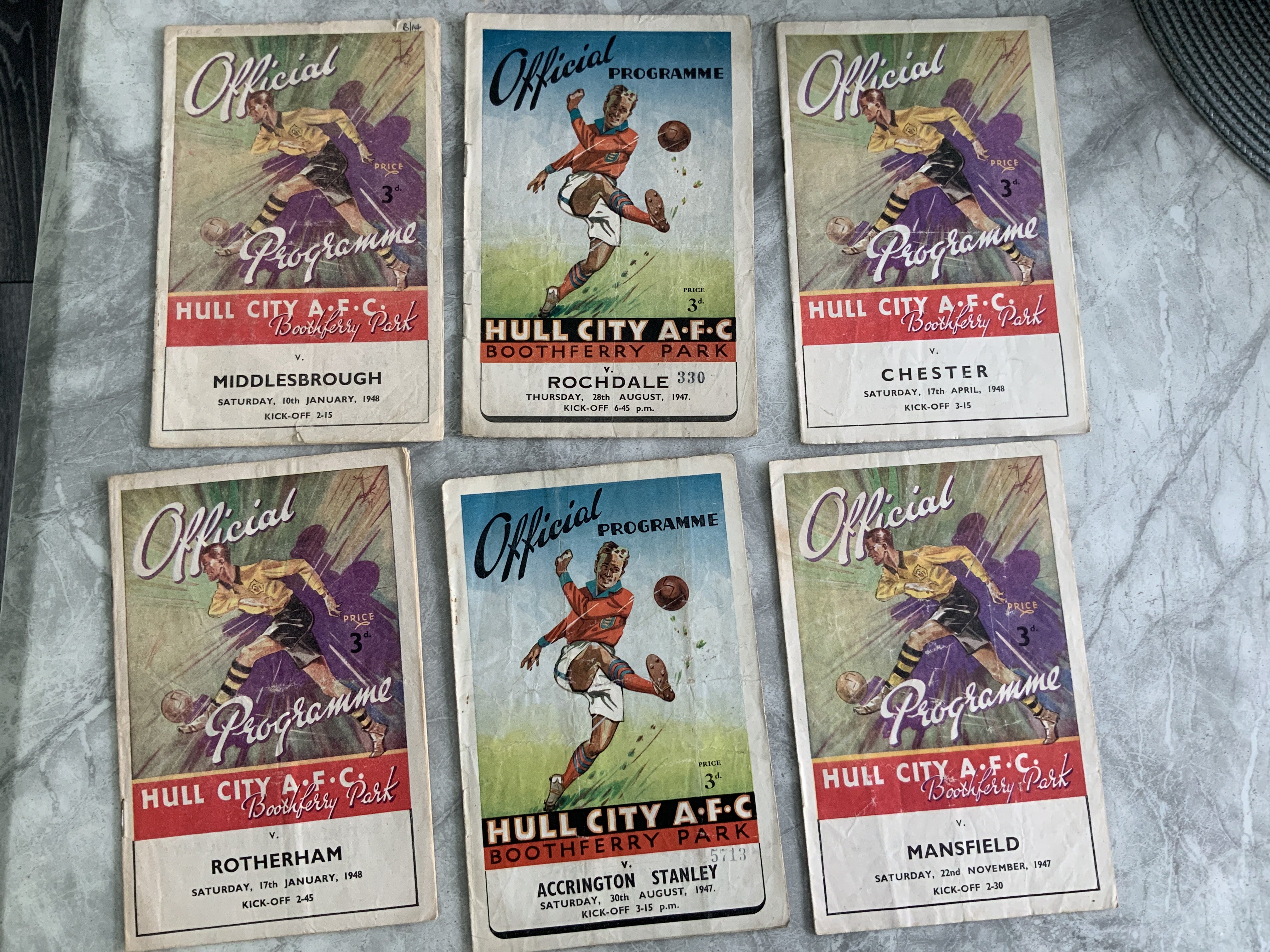 47/48 Hull City Home Football Programmes: Matches v Rotherham Accrington Stanley Mansfield Stockport Crewe Barrow Chester Rochdale Cheltenham Oldham Lincoln Middlesbrough and Hartlepool. Mainly good with a few having folding. (13)