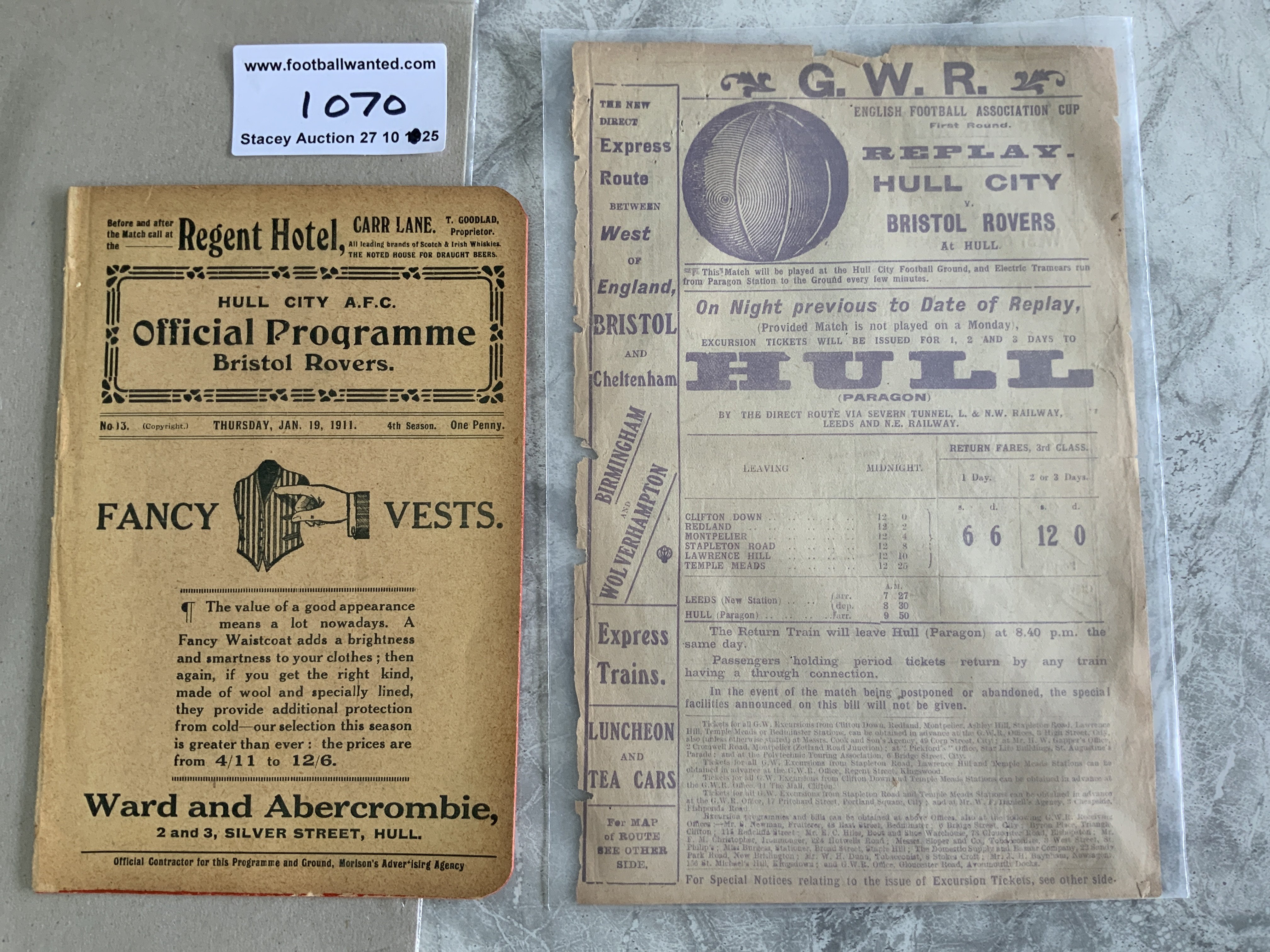 1910 - 1911 Hull City v Bristol Rovers Football Programme + Handbill: FA Cup replay programme dated Thursday 19th Jan 1911. Ex bound with covers in excellent condition with two rounded corners. C/W a Great Western Railway handbill advertising travel to the match. (2)