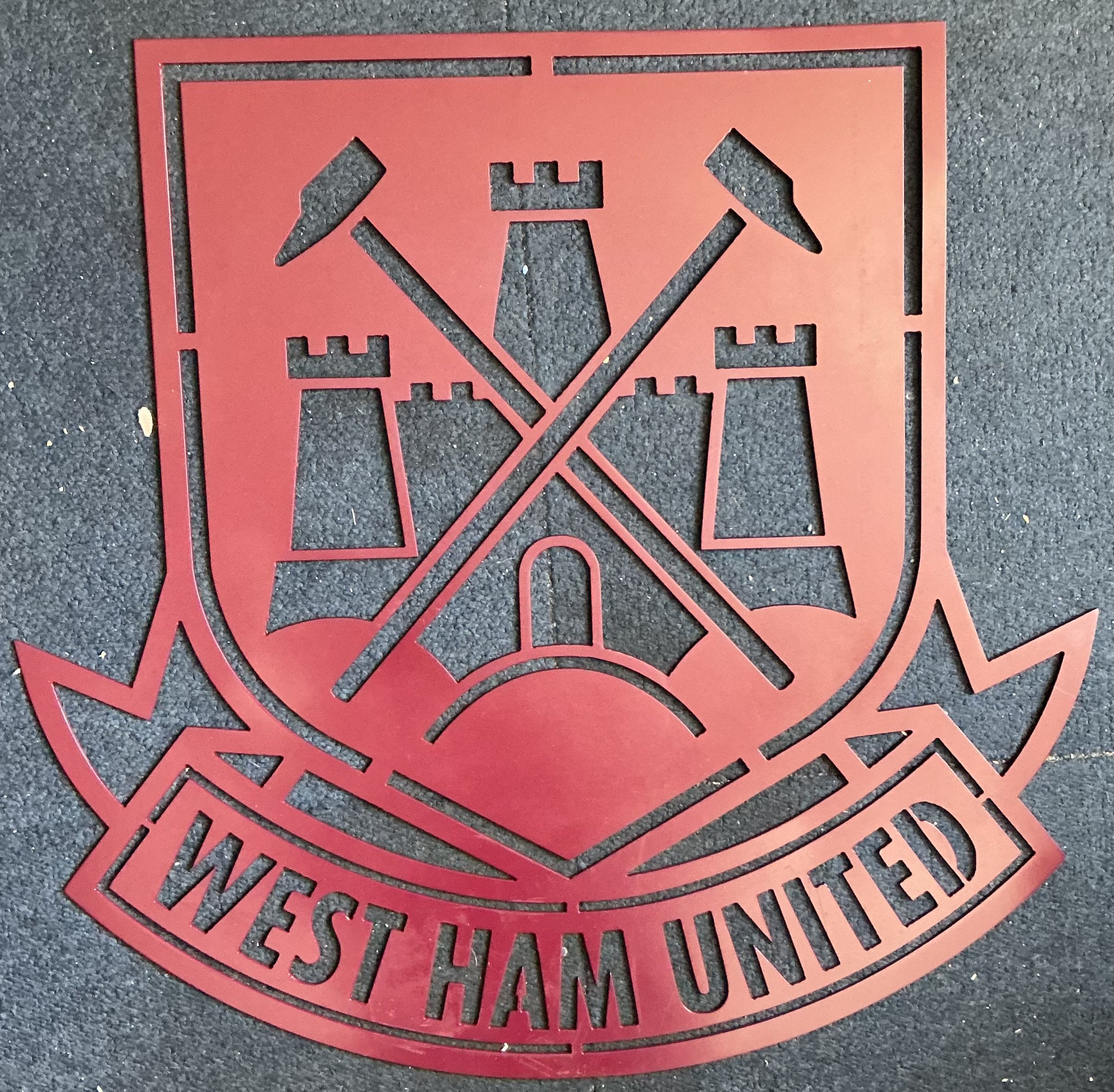 West Ham United Wrought Iron Football Sign: Heavy metal claret sign of the old castle and hammers badge in excellent condition. Incredible detail cut out to perfection. Measures 22 inches high. Look great in garden, man cave or house if you are allowed.