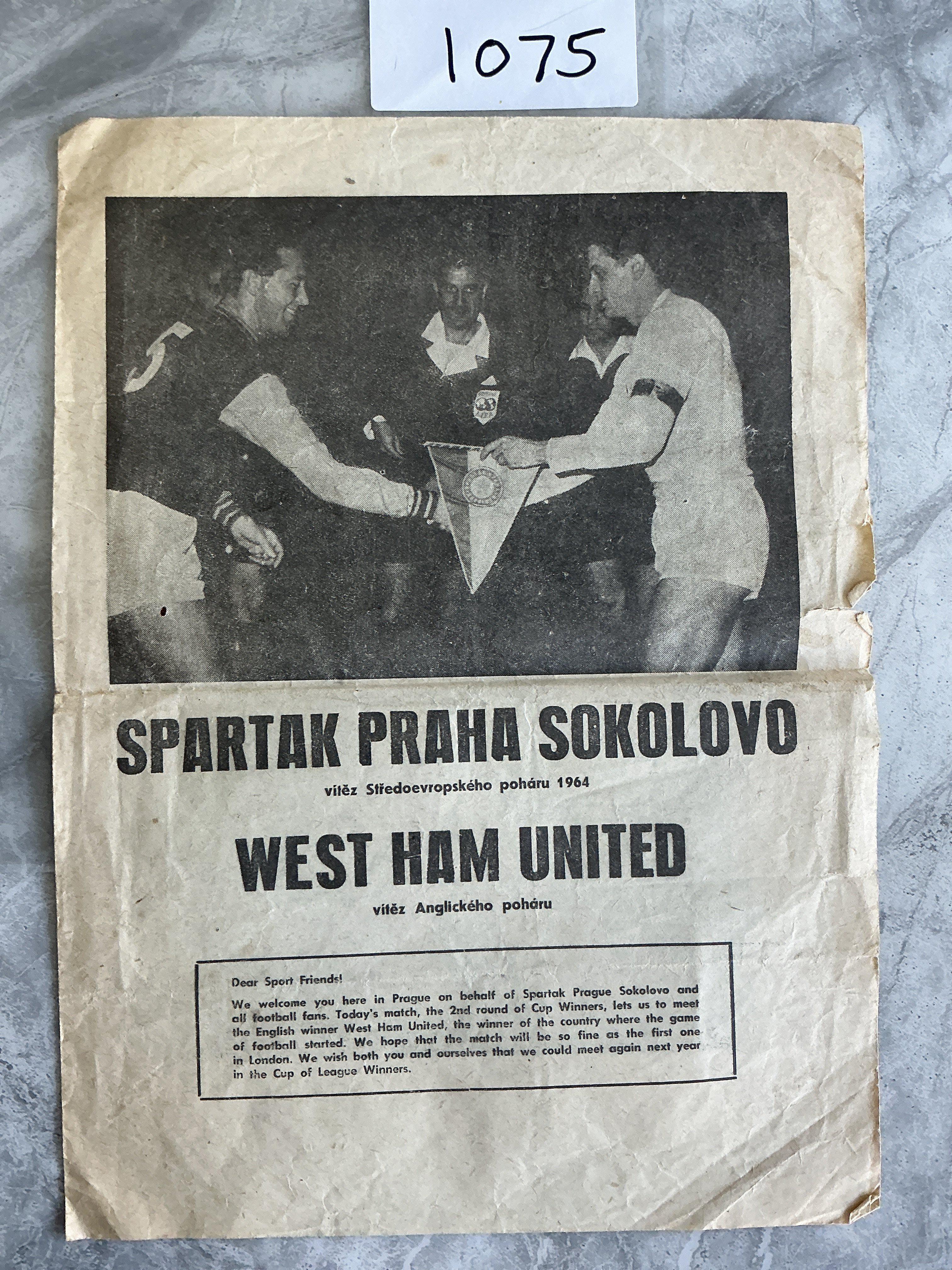 64/65 Sparta Prague v West Ham ECWC Football Programme: Four page newspaper style programme with no writing. Few tears to border and usual fold.