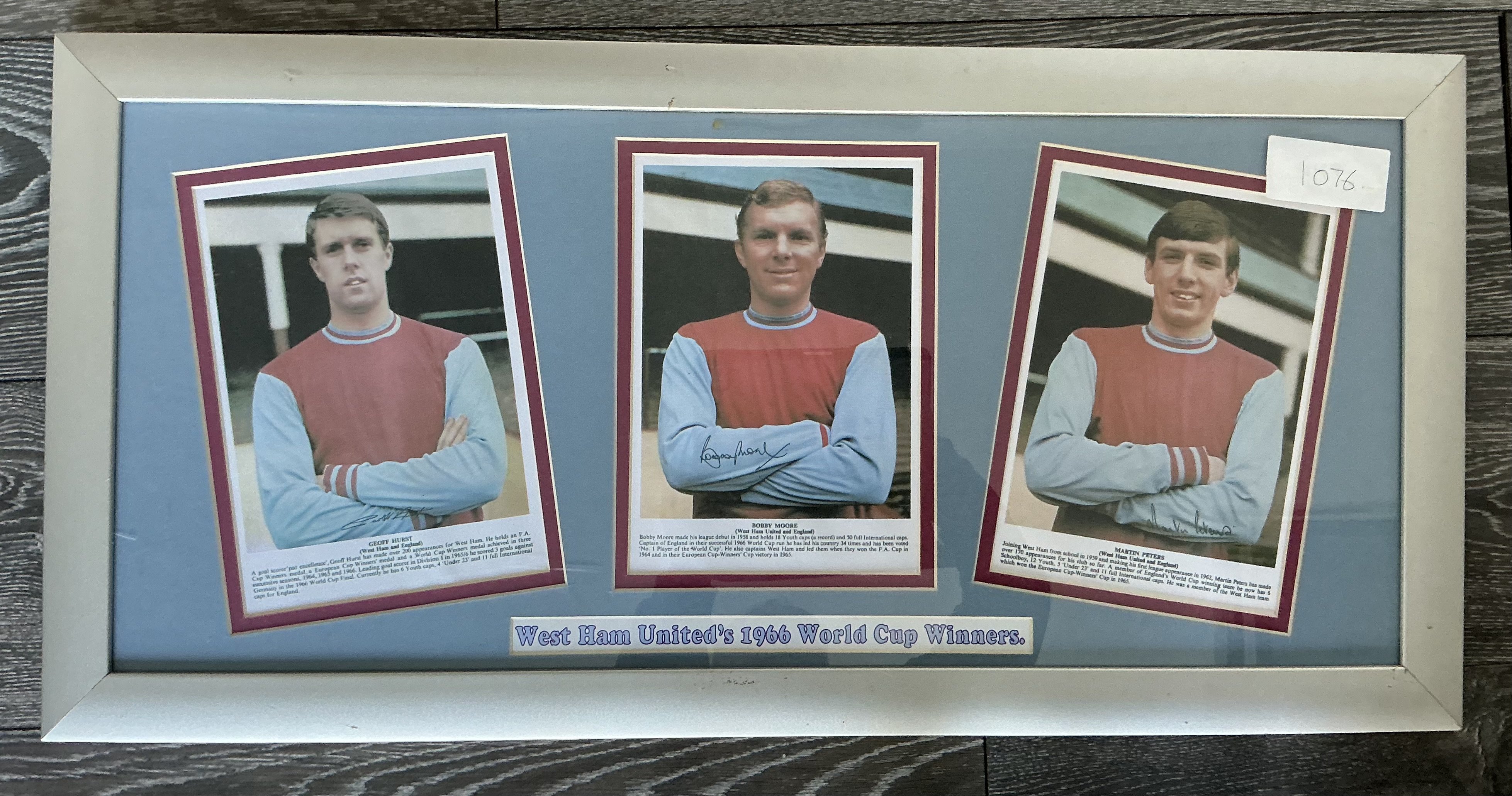 West Ham 1966 World Cup Winners Framed Cards: Replica large Typhoo Tea cards of Moore Hurst and Peters. Nicely framed and double mounted with claret and blue boards. Title states West Ham Uniteds 1966 World Cup Winners.