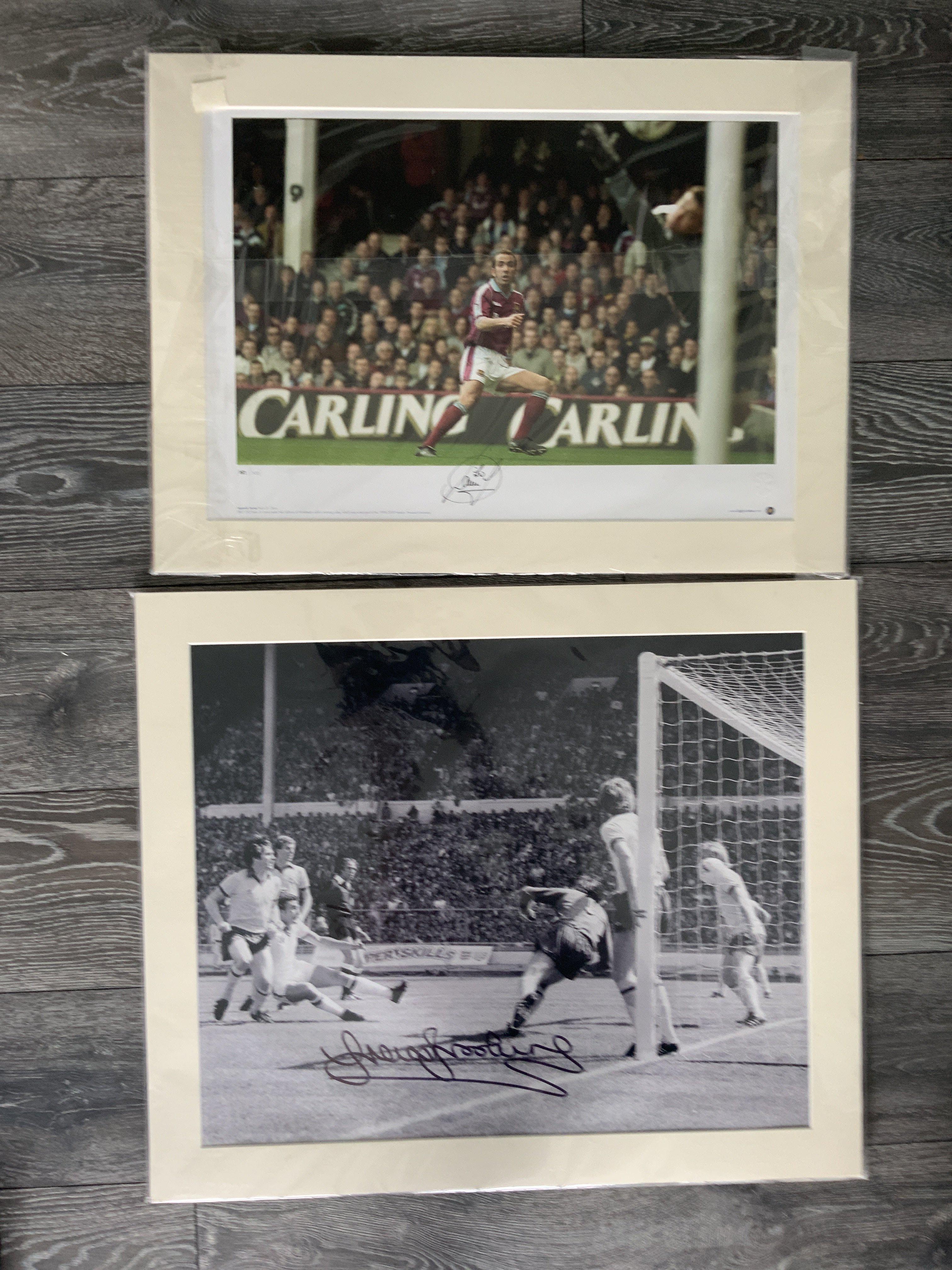 West Ham Famous Moments Signed Mounted Prints: Very large mounted framed prints. Black and white 27 x 24 inch print of Brooking scoring in the 1980 FA Cup Final. C/W colour 26 x 19 inch Big Blue Tube print of Di Canio scoring goal of the season at Upton Park. (2)