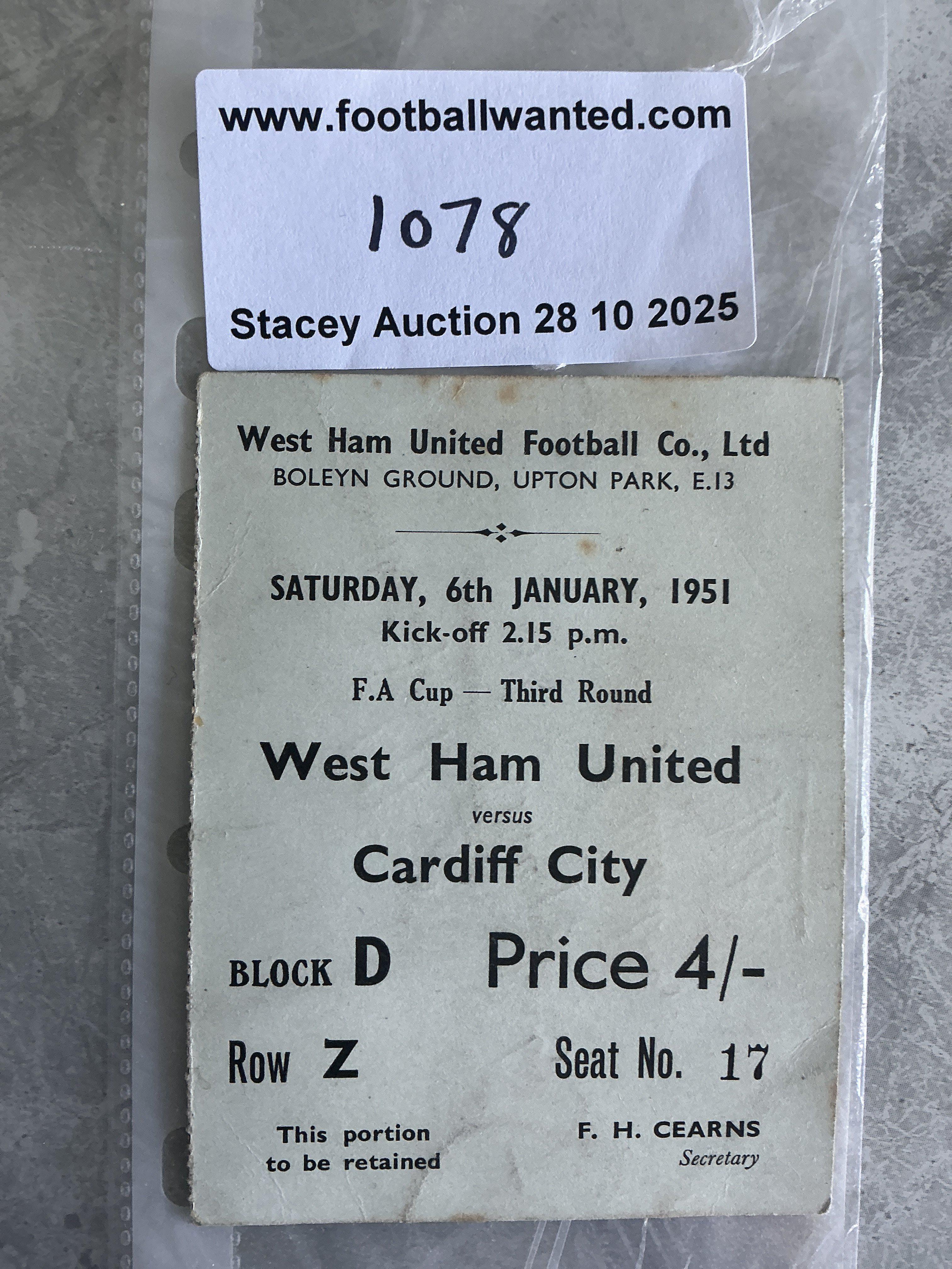 50/51 West Ham v Cardiff City FA Cup Football Ticket: Good condition ticket dated 6 1 1951 with match details. Address written to rear in pencil.
