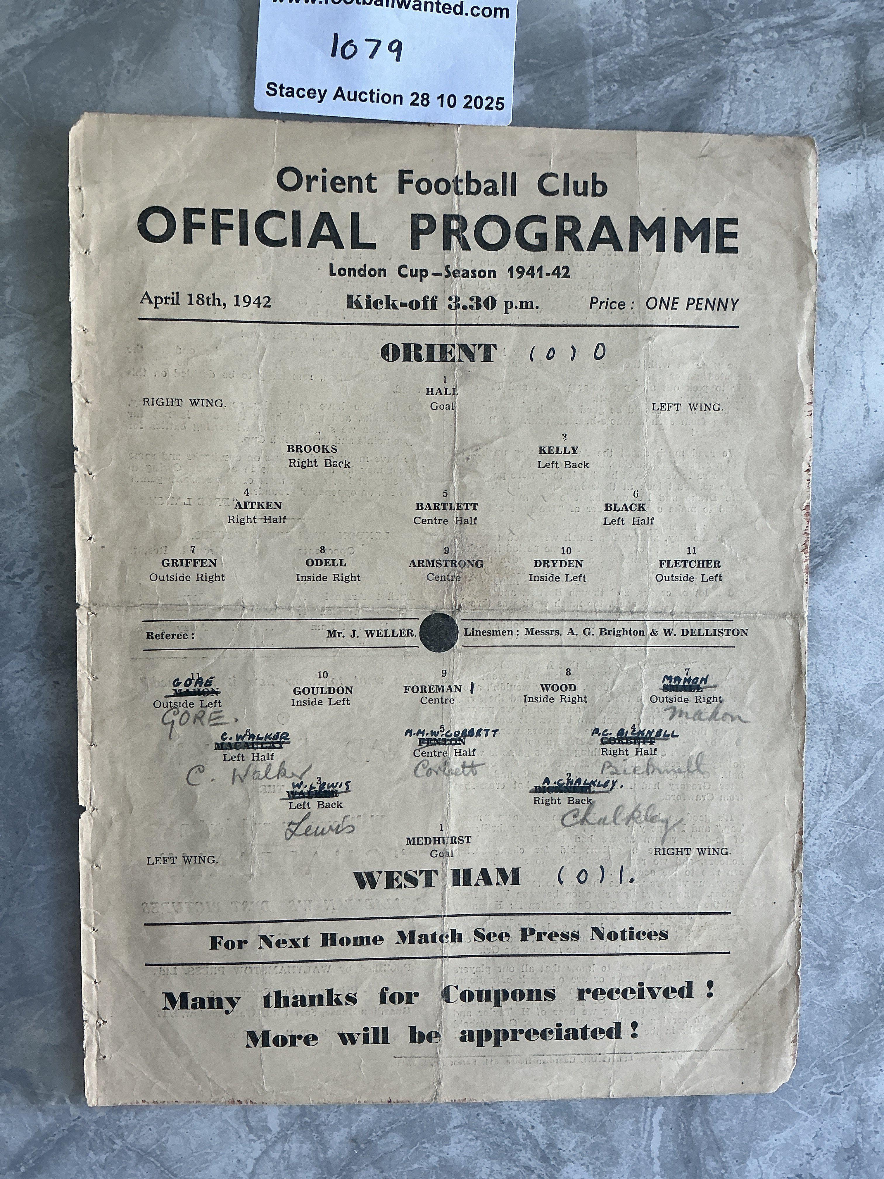 1941 - 1942 Orient v West Ham Football Programme: Ex bound single sheet London Cup match dated 18 4 1942. Tram changes score and folding.