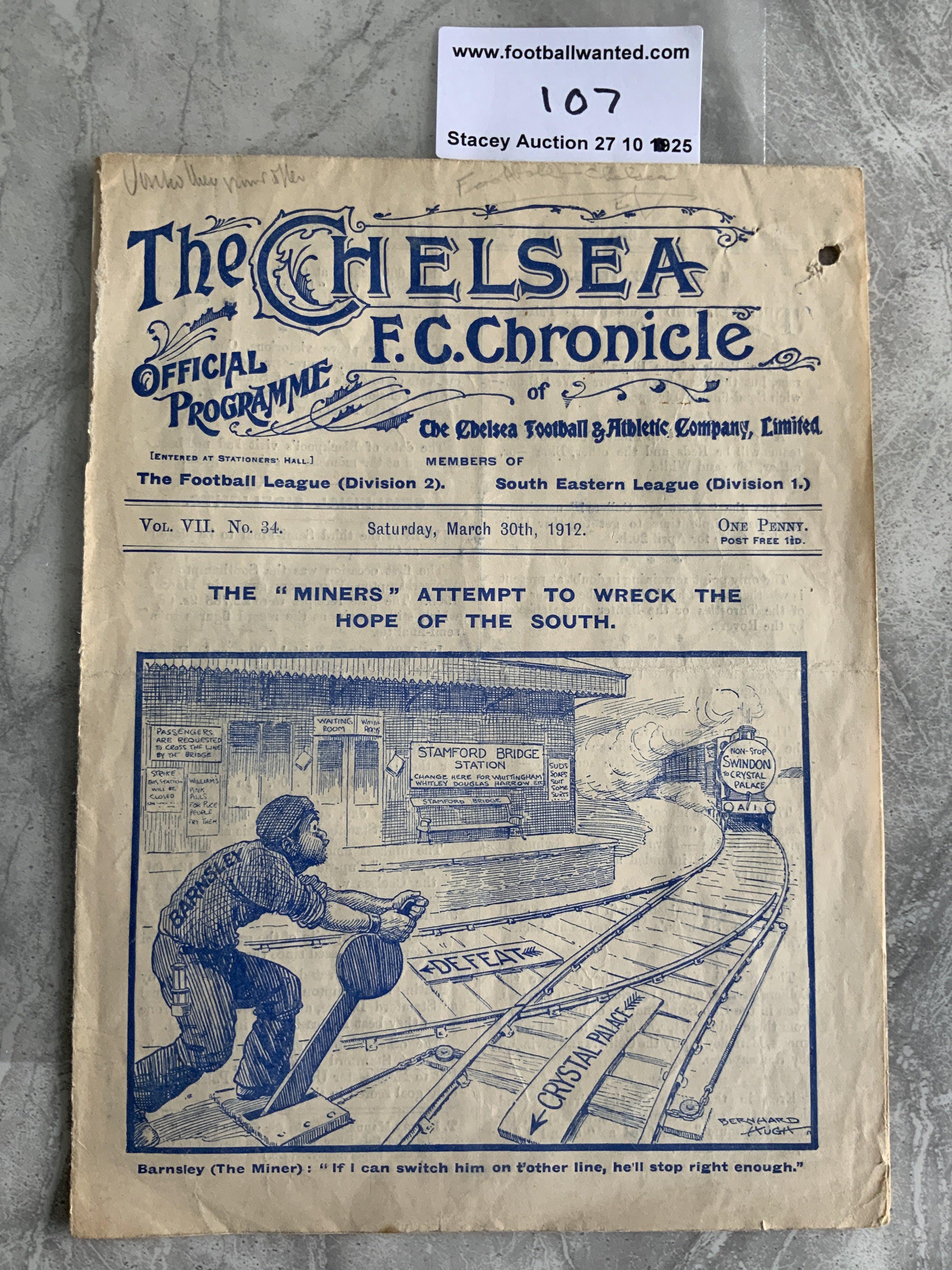 1912 FA Cup Semi Final Football Programme Swindon Town v Barnsley: Played at Stamford Bridge Chelsea on 30 3 1912. Fair condition programme that was attached by paper clip to next lot. Tiny paper clip mark to both items. One hole punch not affecting any text. Gatefold programme has splitting to one spine. No team changes.