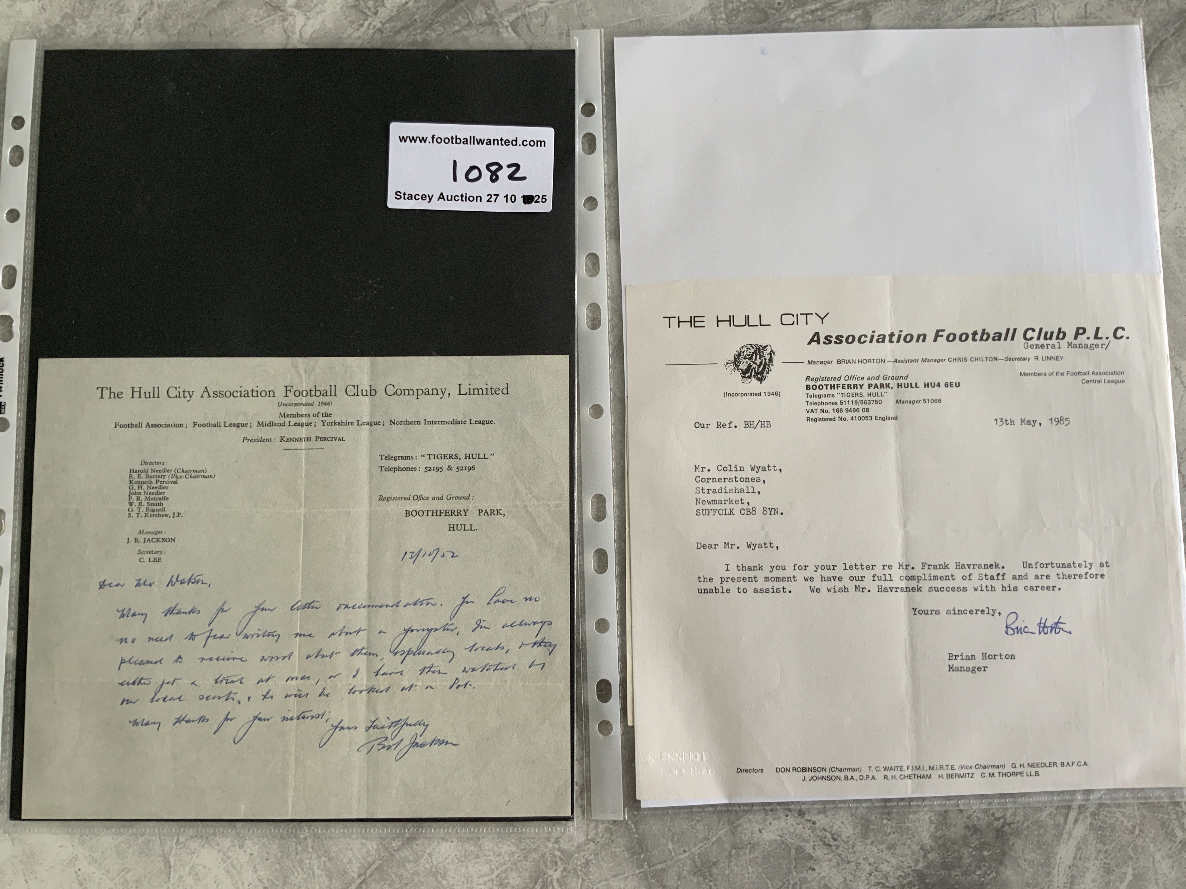 Hull City Headed Paper Football Letters: 1952 letter signed by manager Bob Jackson and a scout of Hulls. 1985 letter signed by manager Brian Horton and an application for benefit to the Football League Provident Fund by 1950s Hull player David Teece.
