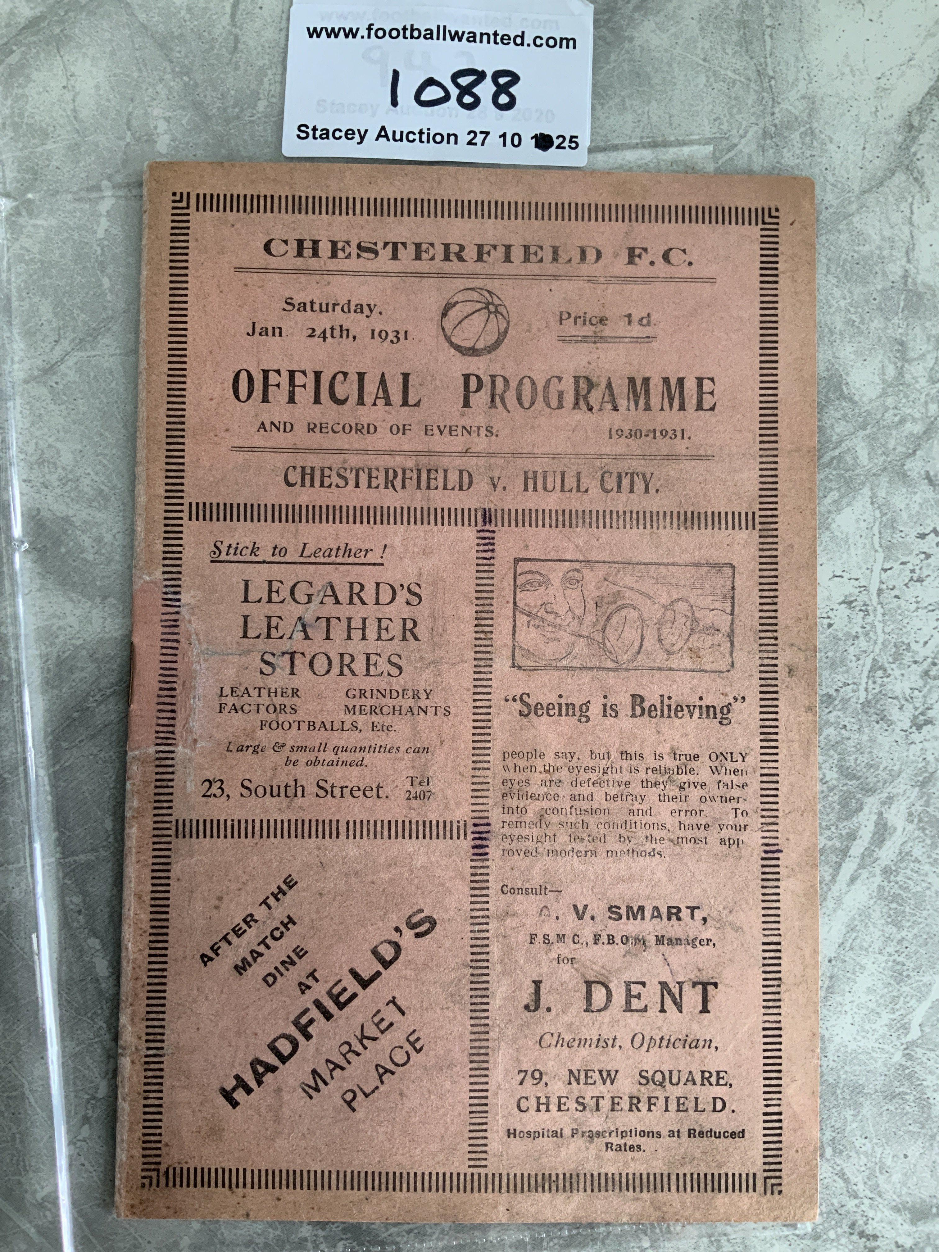 1930 - 1931 Chesterfield v Hull City Football Programme: Good condition first team programme with no team changes. Professional repair near staple area.