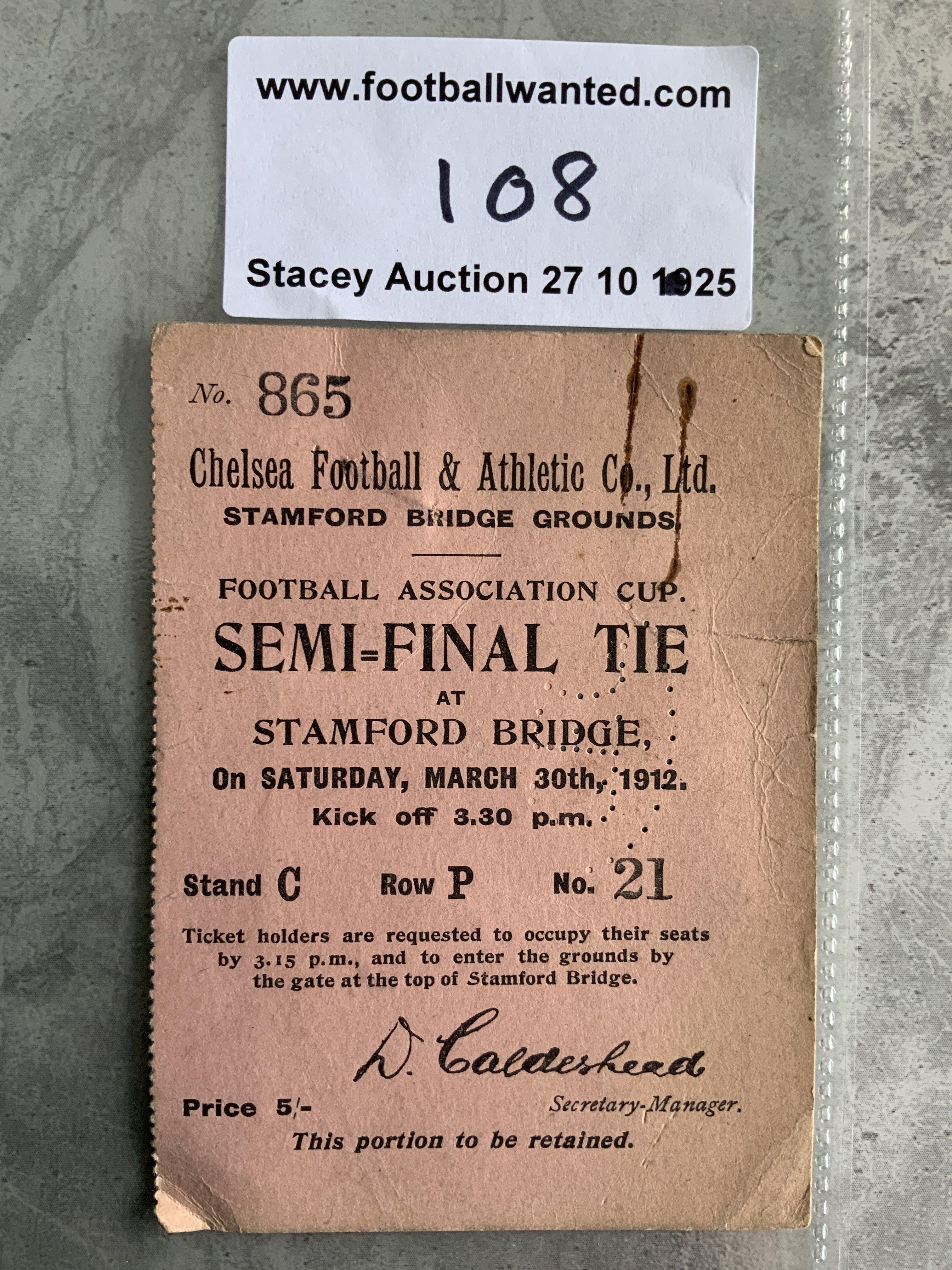 1912 FA Cup Semi Final Football Ticket Swindon Town v Barnsley: Played at Stamford Bridge Chelsea on 30 3 1912. Good condition genuine ticket that was attached by paper clip to previous lot. Tiny paper clip mark to both items. Tiny tear with writing to rear.