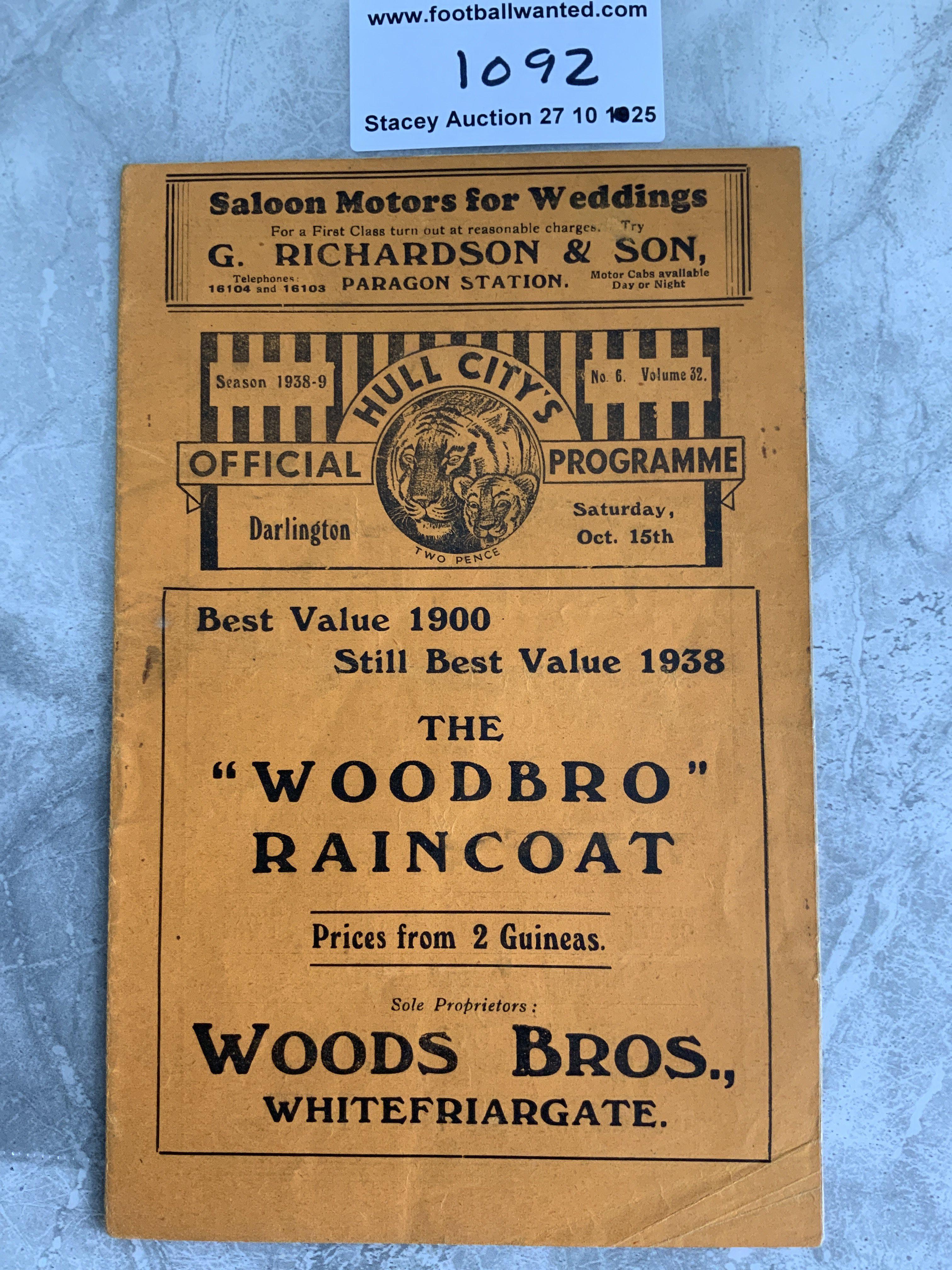 1938 - 1939 Hull City v Darlington Football Programme: Excellent condition first team programme with no team changes.