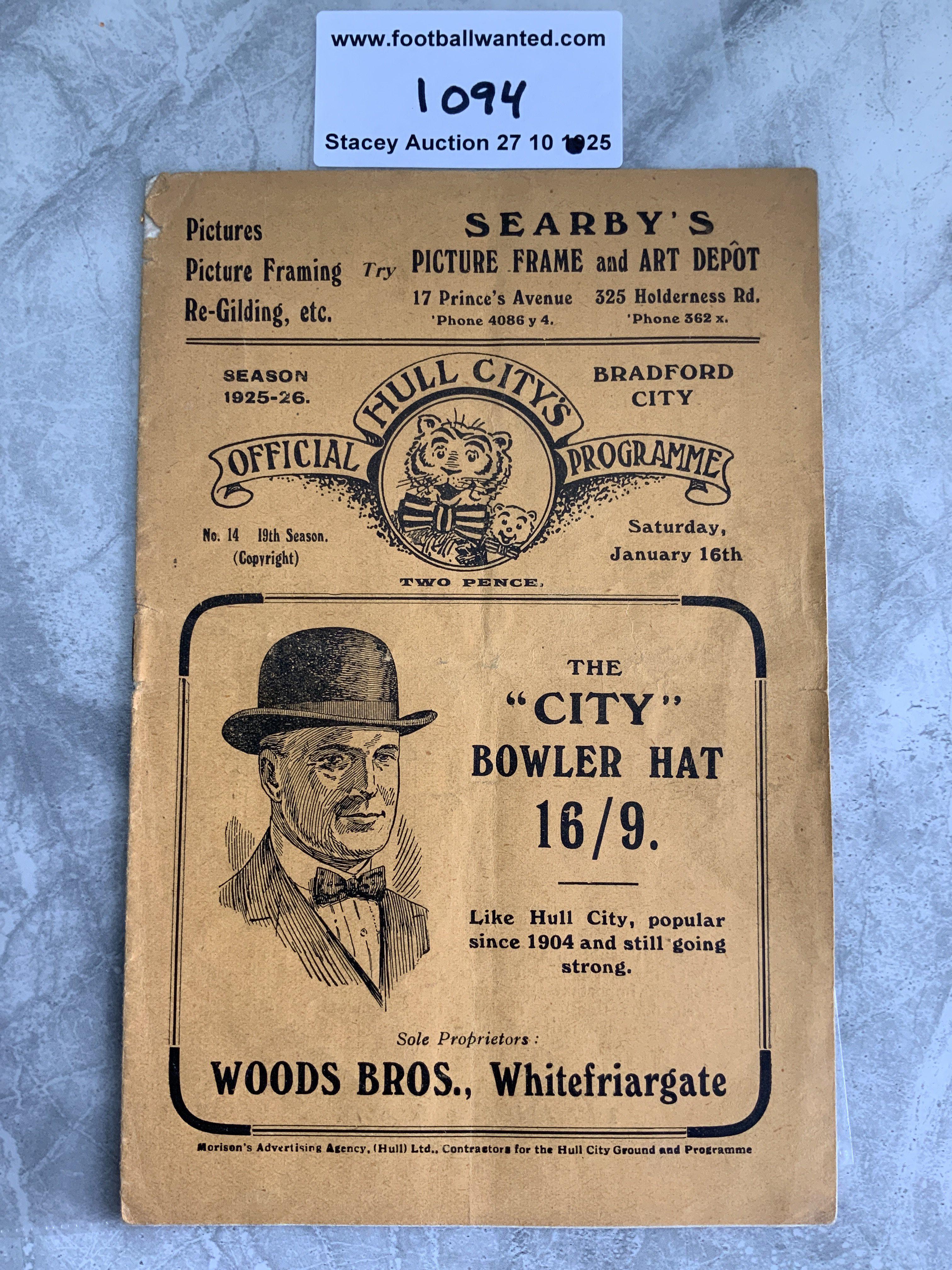 1925 - 1926 Hull City v Bradford City Football Programme: Excellent condition first team programme with no team changes.