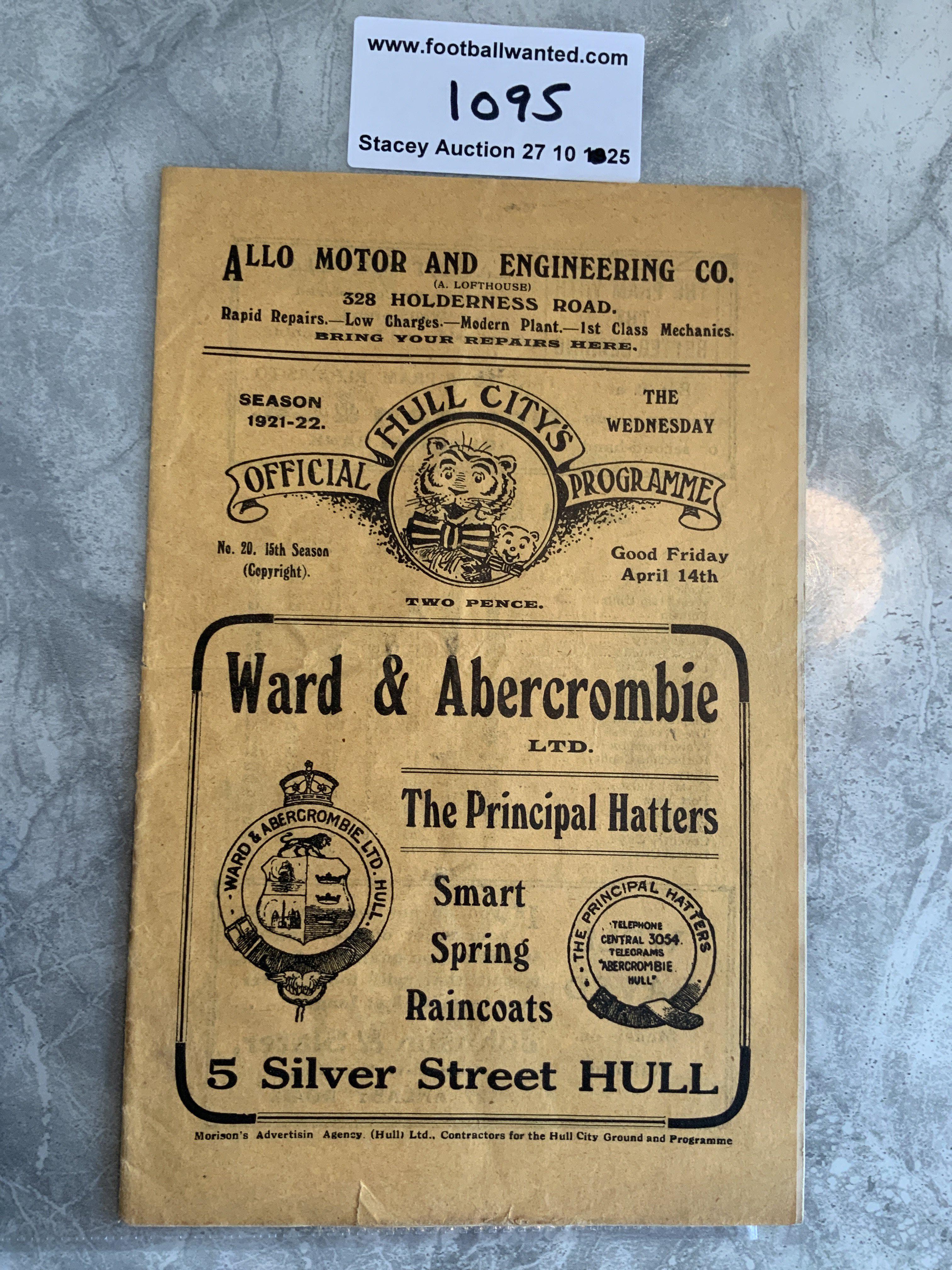 1921 - 1922 Hull City v Sheffield Wednesday Football Programme: Excellent condition first team programme with no team changes.