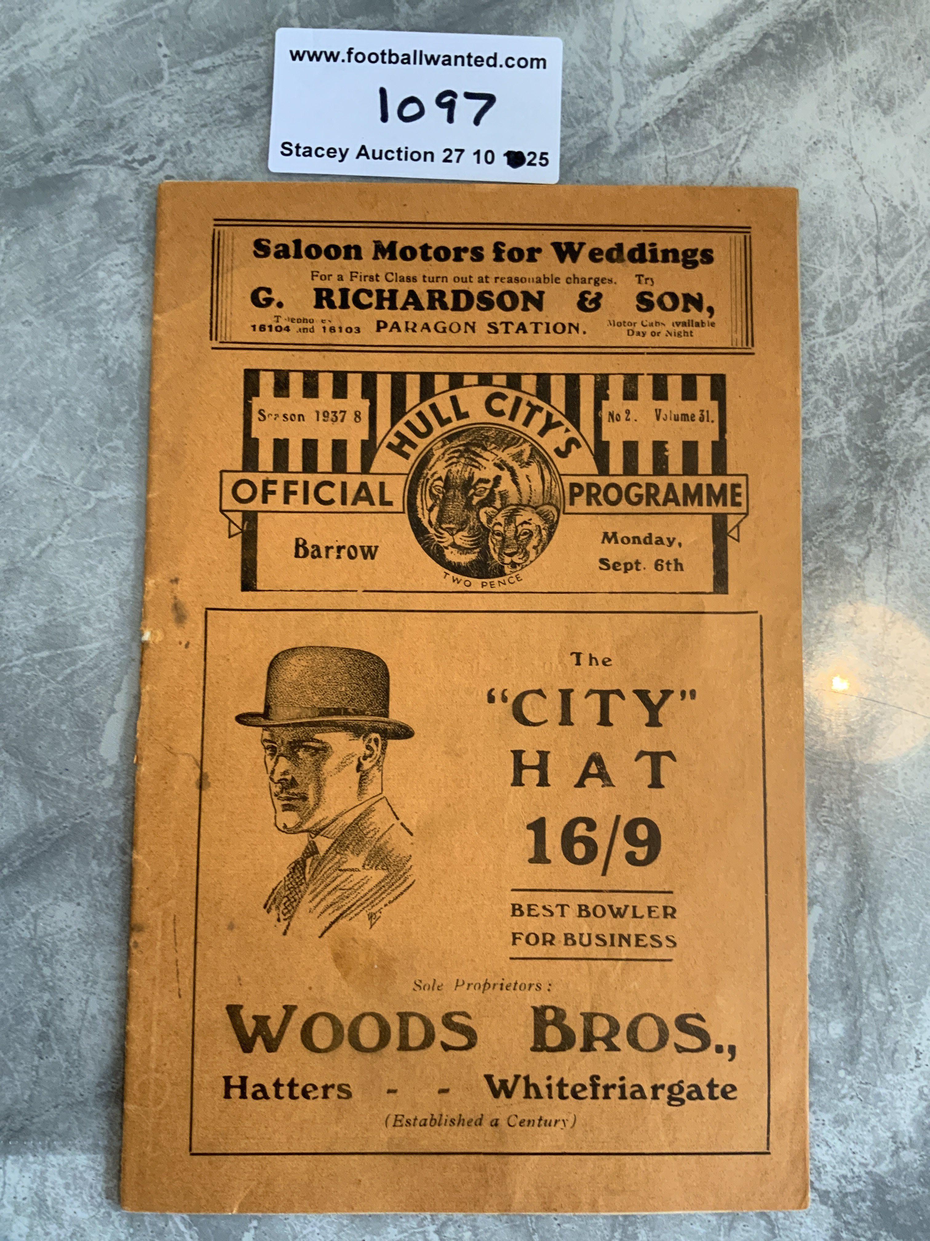 37/38 Hull City v Barrow Football Programme: Excellent condition first team programme with no team changes. Staple removed not rotted away.