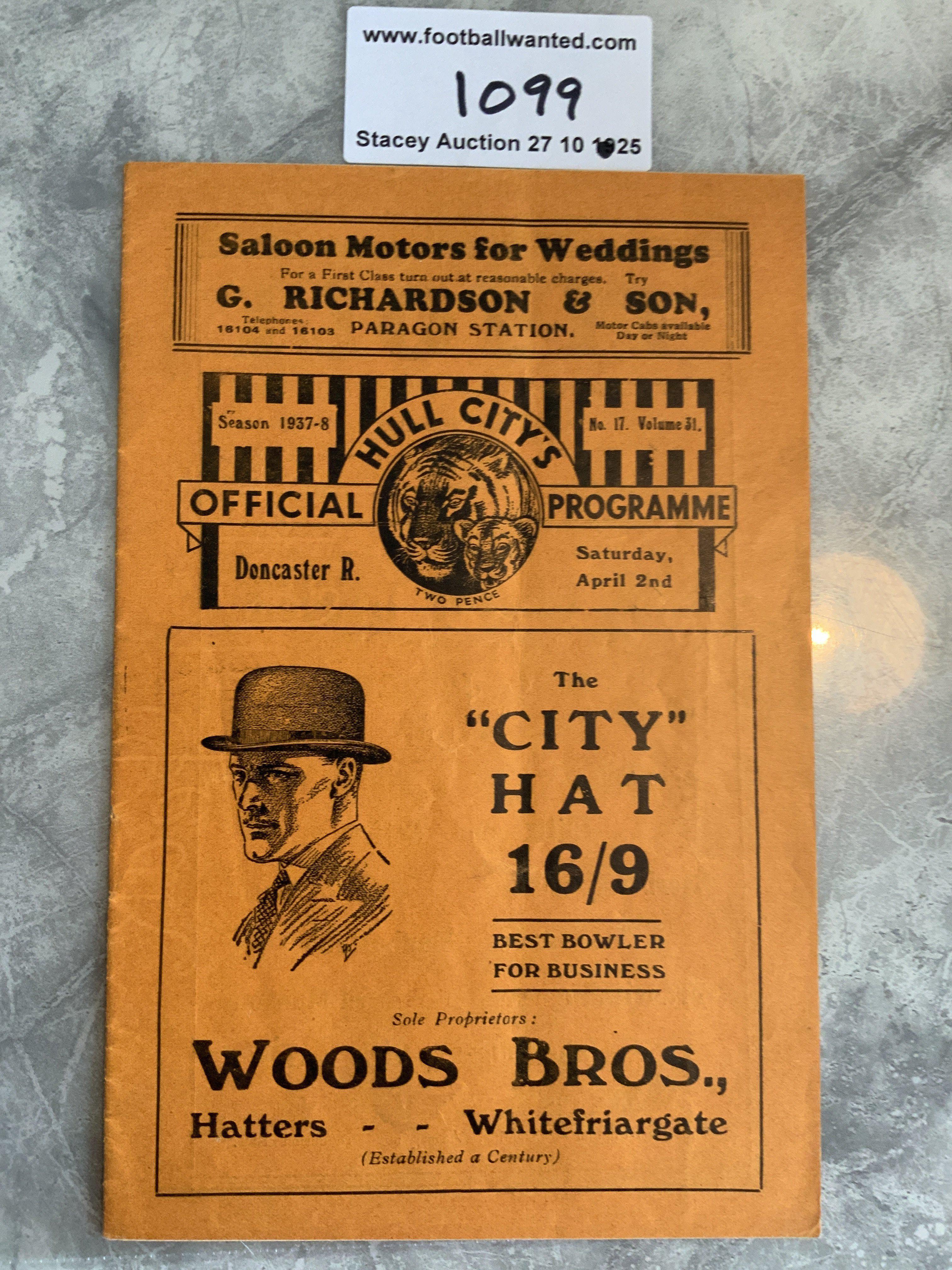 37/38 Hull City v Doncaster Rovers Football Programme: Excellent condition first team programme with no team changes.