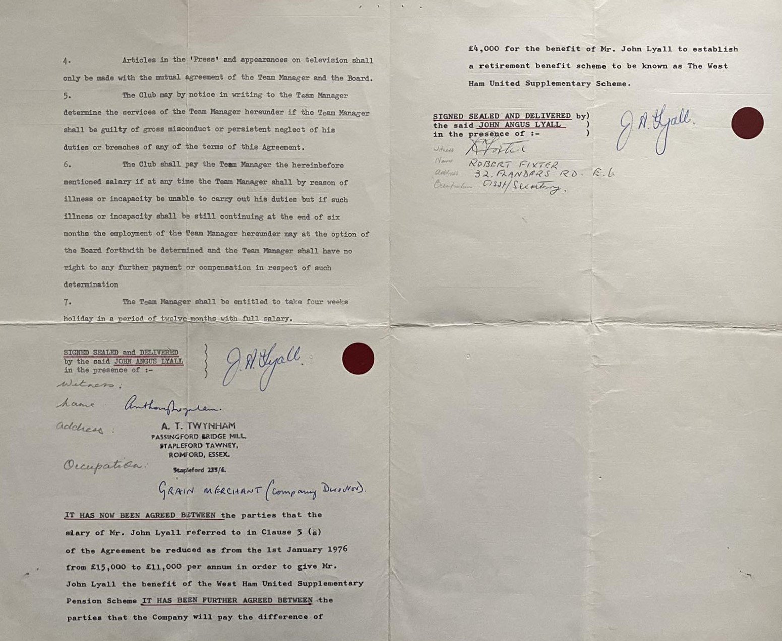 John Lyalls 1975 West Ham Football Managers Contract: Lyalls first ever full managers contract awarded in July 1975 after winning the FA Cup in his first part season where he was on trial.