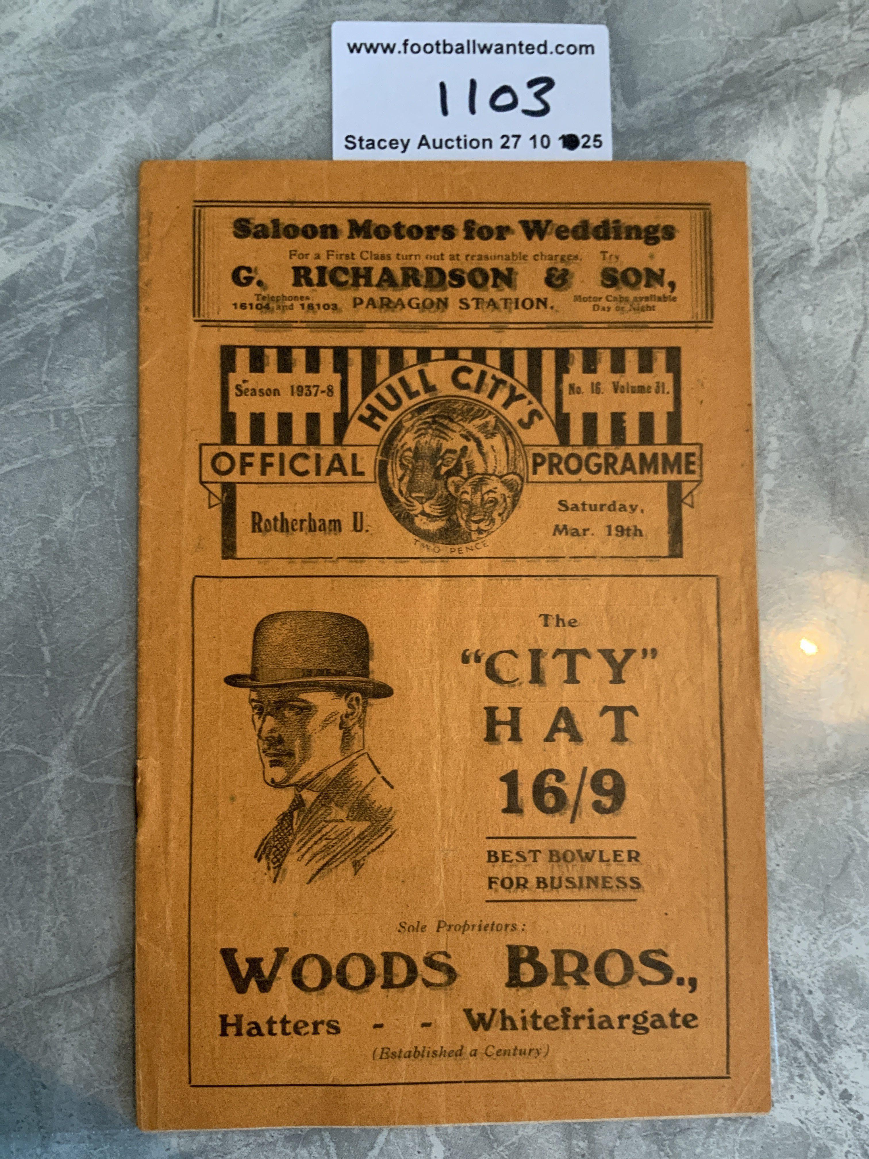 37/38 Hull City v Rotherham Football Programme: Excellent condition division 3 programme with no team changes.