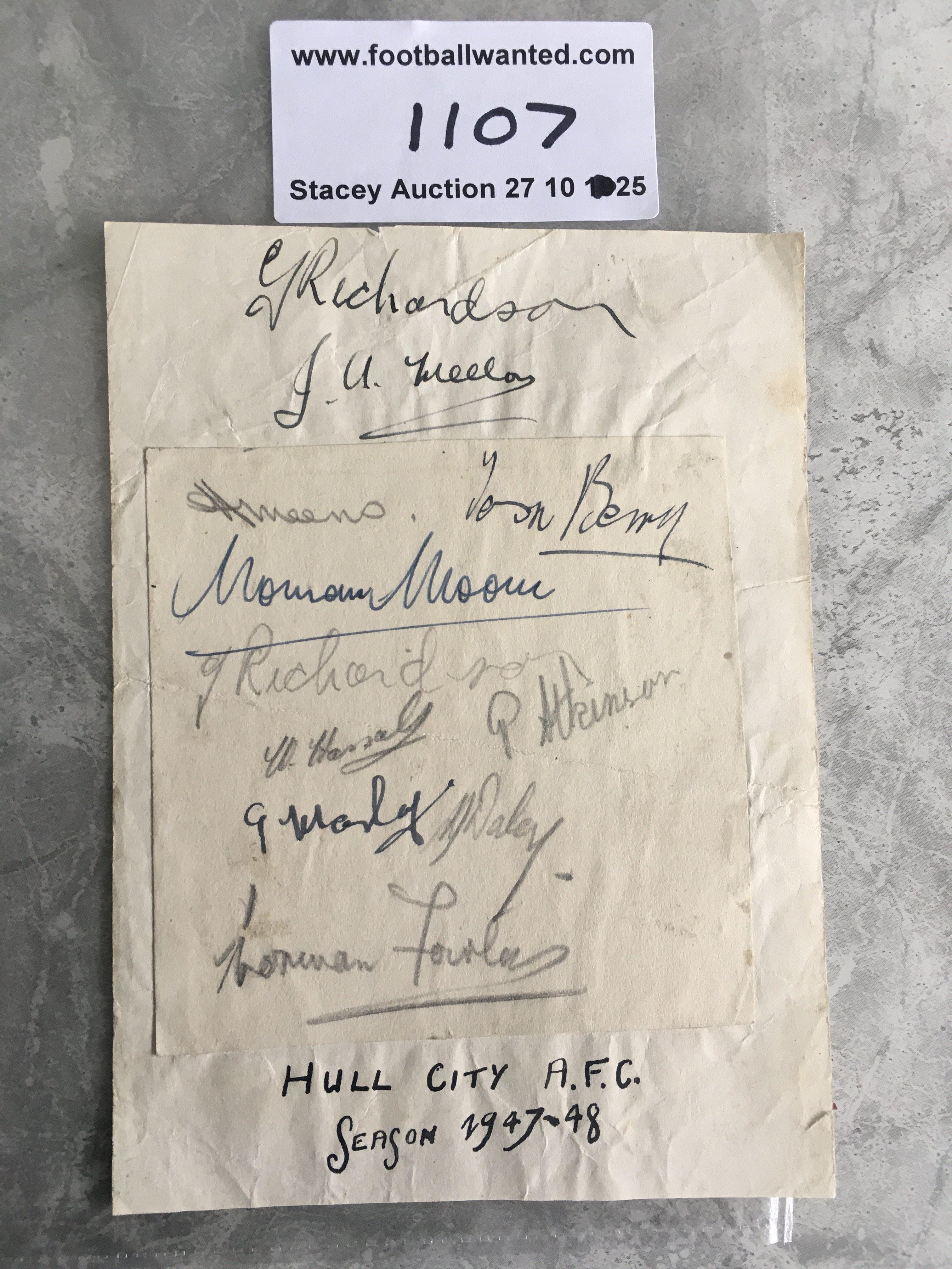 Hull City Football Autographs: 10 autographs from 47/48 stuck down to autograph page. C/W on 3 pages removed from autograph book 18 autographs in light pencil on a page headed 1924 Hull v South Shields. Autographs we checked were South Shields players.