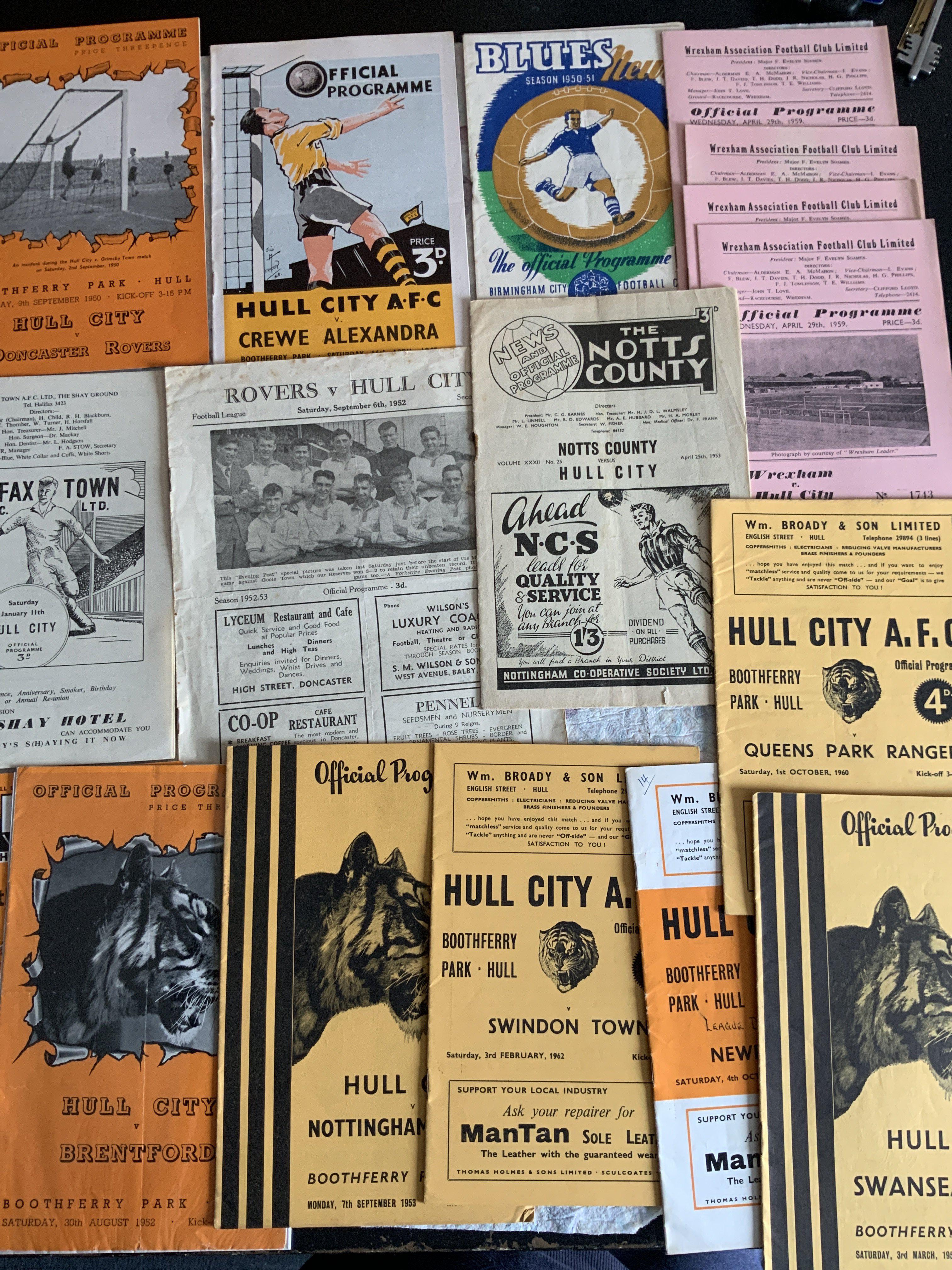 Hull City Football Programmes: Aways include 50/51 Birmingham, 52/53 Notts County, Doncaster, 57/58 Halifax, 58/59 Wrexham x 4. Homes include 48/49 Crewe, 50/51 Doncaster and more.