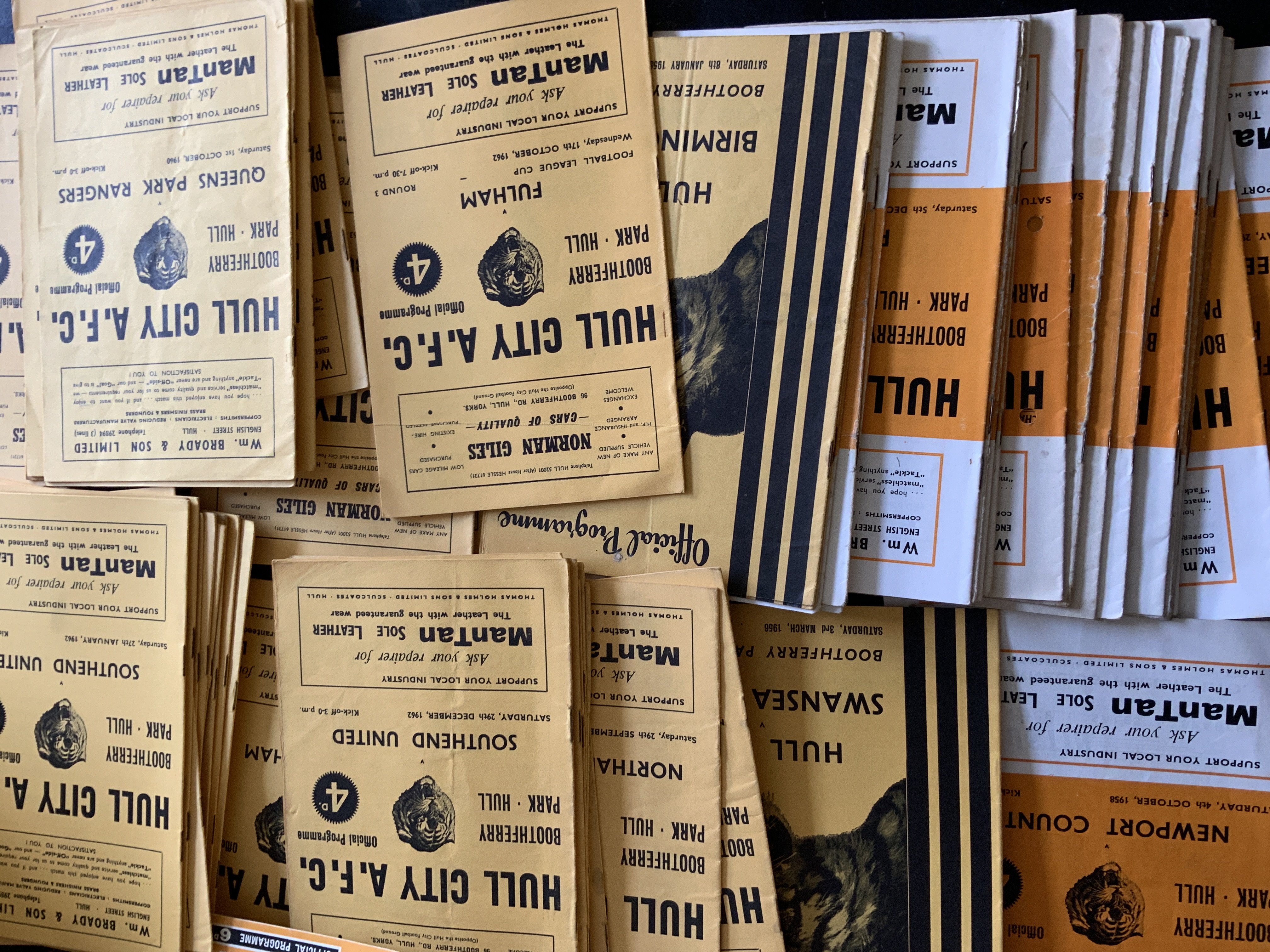 Hull City 1960s Football Programmes: 24 from the mid to late 50s then a further 100+ spanning the 60s decade. Very good with duplication. (est 130+)