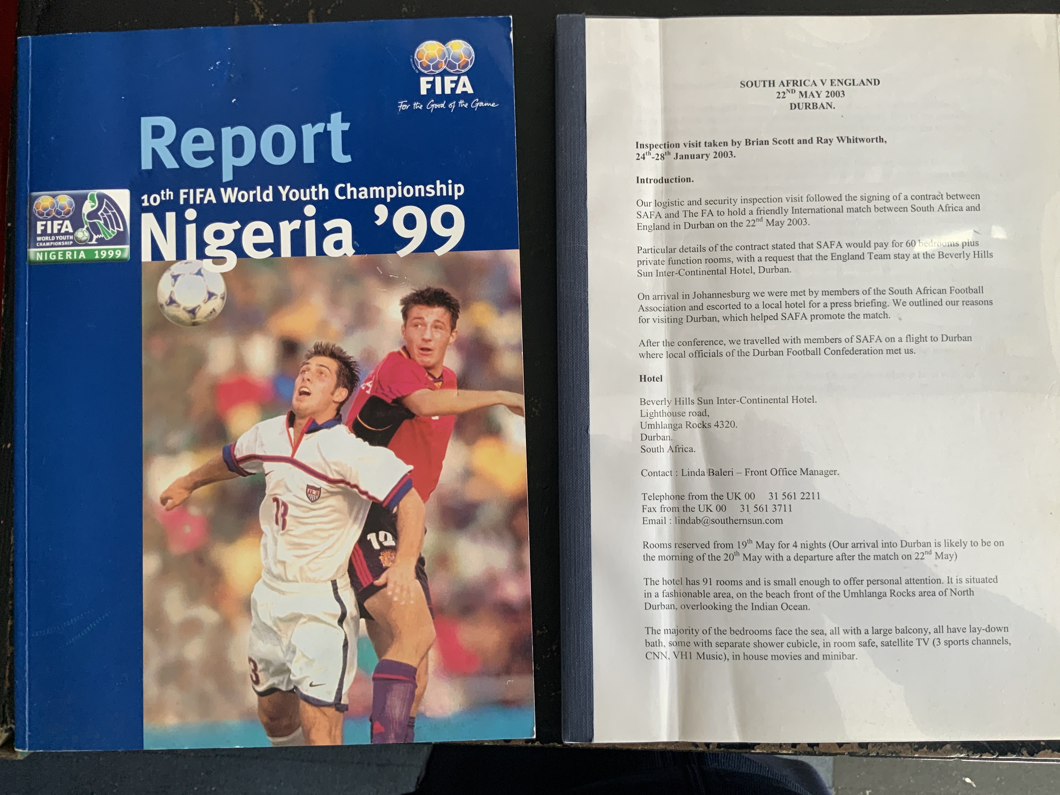 Rare 1999 Youth World Cup Report + More: World Cup reports have been printed for many years but this 1999 FIFA Youth World Cup Report from Nigeria is very unusual and never produced for the public. C/W a very in depth booklet produced for the English FA regarding the 2003 tour to Durban. An incredible insight to include security and pictures of many details including where England fans should be and players entrances, dressing rooms etc and reported in this large document 3 months before proposed match. Interesting. (2)