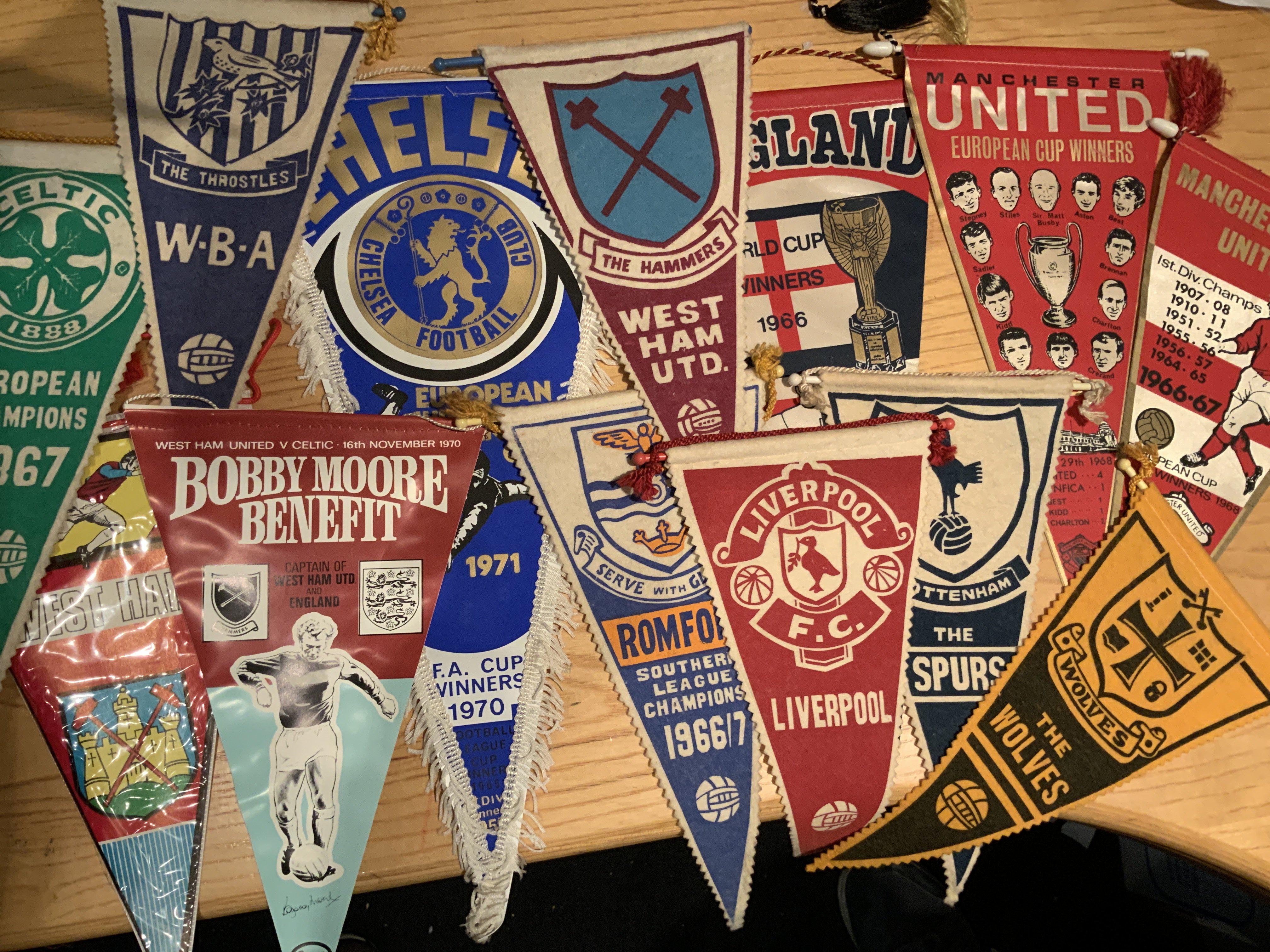Football Pennants Collection: Includes 1966 England World Cup Winners, 1967 Celtic European Champions, 1968 Manchester United European Winners (2 different), Bobby Moore testimonial, Romford Southern League Champions 66/67 plus Wolves Tottenham and Liverpool. Late 60s and early 70s. (13)