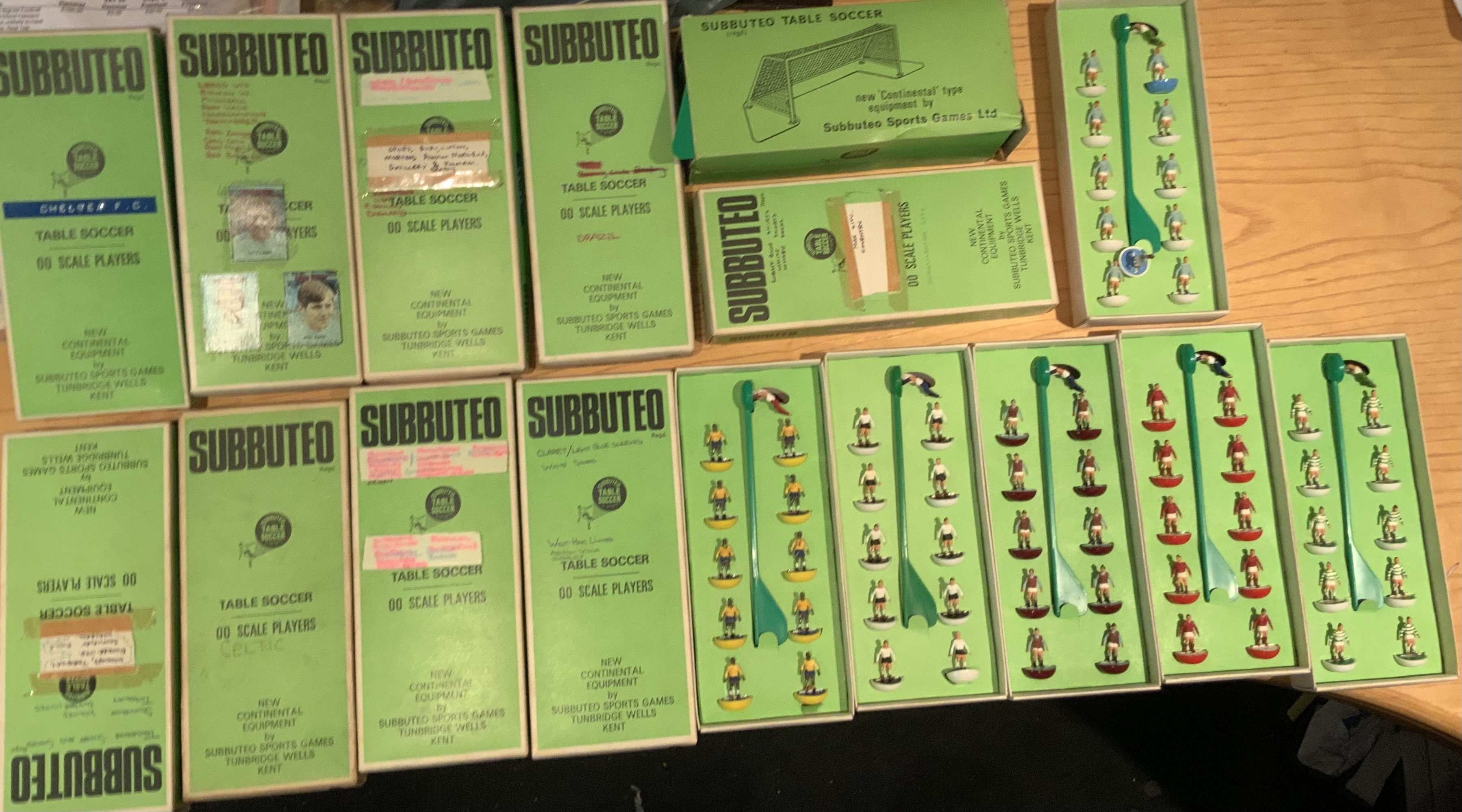 Subbuteo Football Memorabilia: 9 excellent condition boxed teams including Brazil Celtic West Ham Manchester United Leeds and Chelsea. Match timer, 2 pitches, World Cup trophy, European trophy, Half times scoreboard, balls, goals and other boxed accessories. C/W Wembley board game.