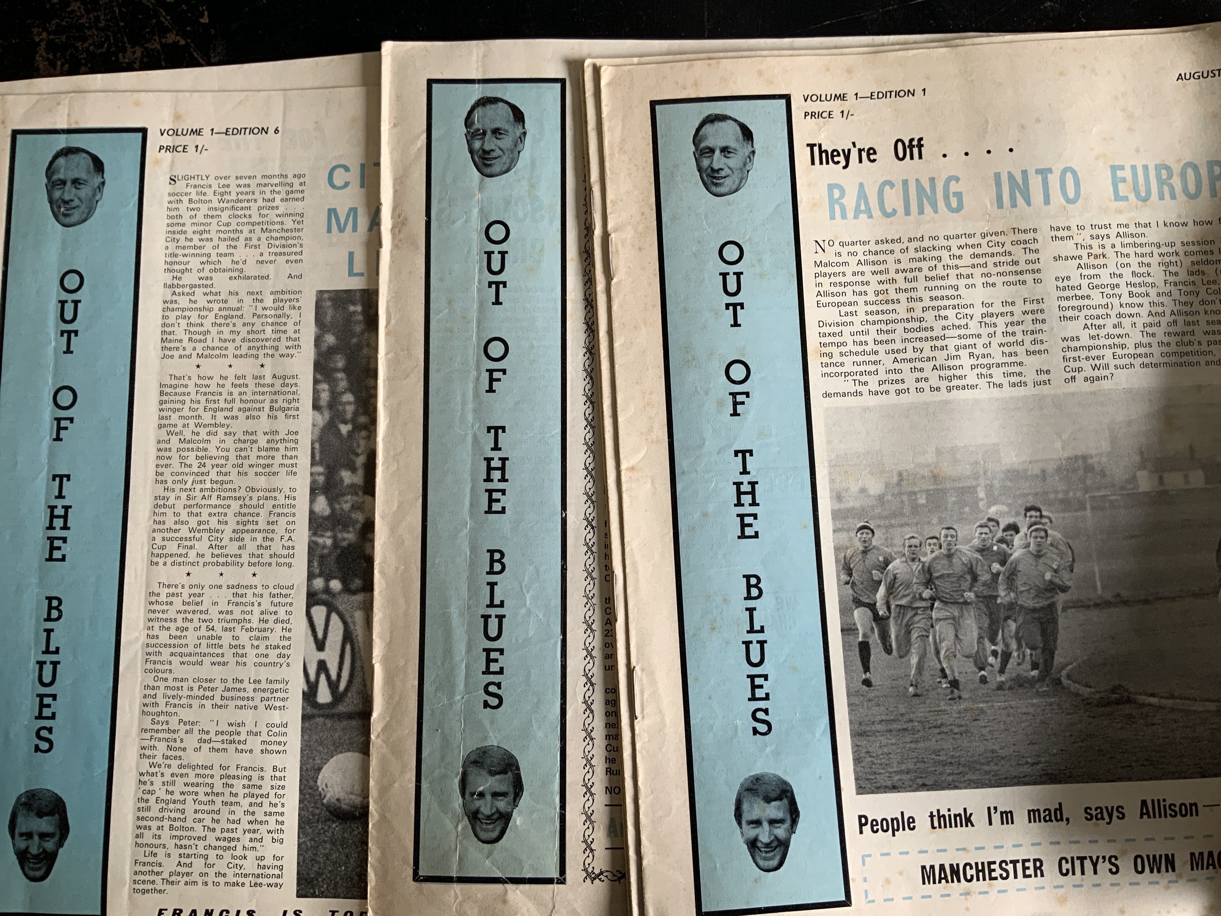 Manchester City Football Memorabilia Box: Out of the blues magazines including the very first 9 issues starting in 1968, Big match programmes including 1968 Charity Shield, Handbooks, Programmes and other material relating to the championship winning team. Worth a look.
