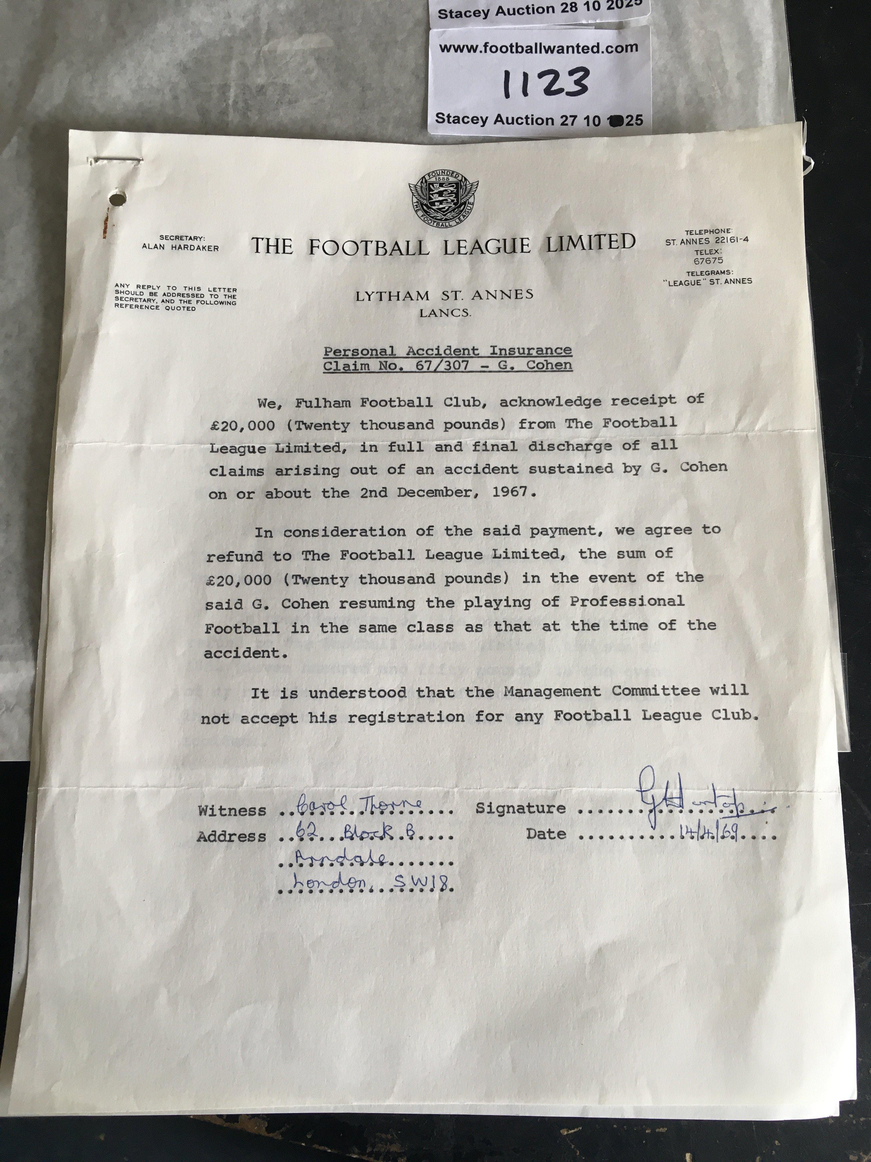 George Cohen Personal Accident Football Letters: 1967 receipt from Fulham for 20k following a career ending knee injury in December 1967. A further letter on Football League headed paper signed by Cohen for receipt of 750 pounds. Interesting. (2)