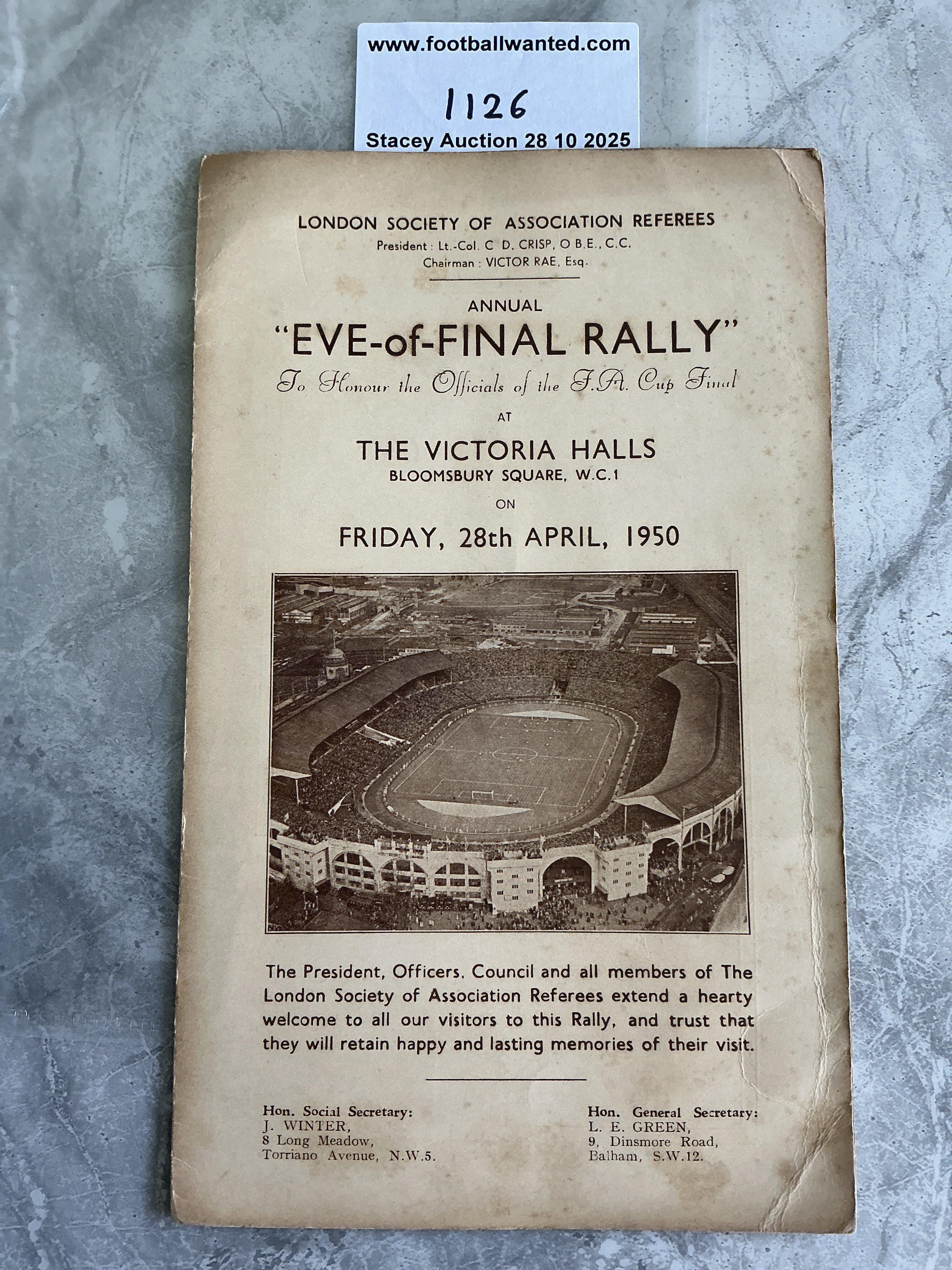 1950 FA Cup Final Eve Of Rally Football Programme: 4 page card for the Arsenal v Liverpool final. Eve of the final rally is an annual event attended by the referee and linesmen in London the night before the final. Excellent.