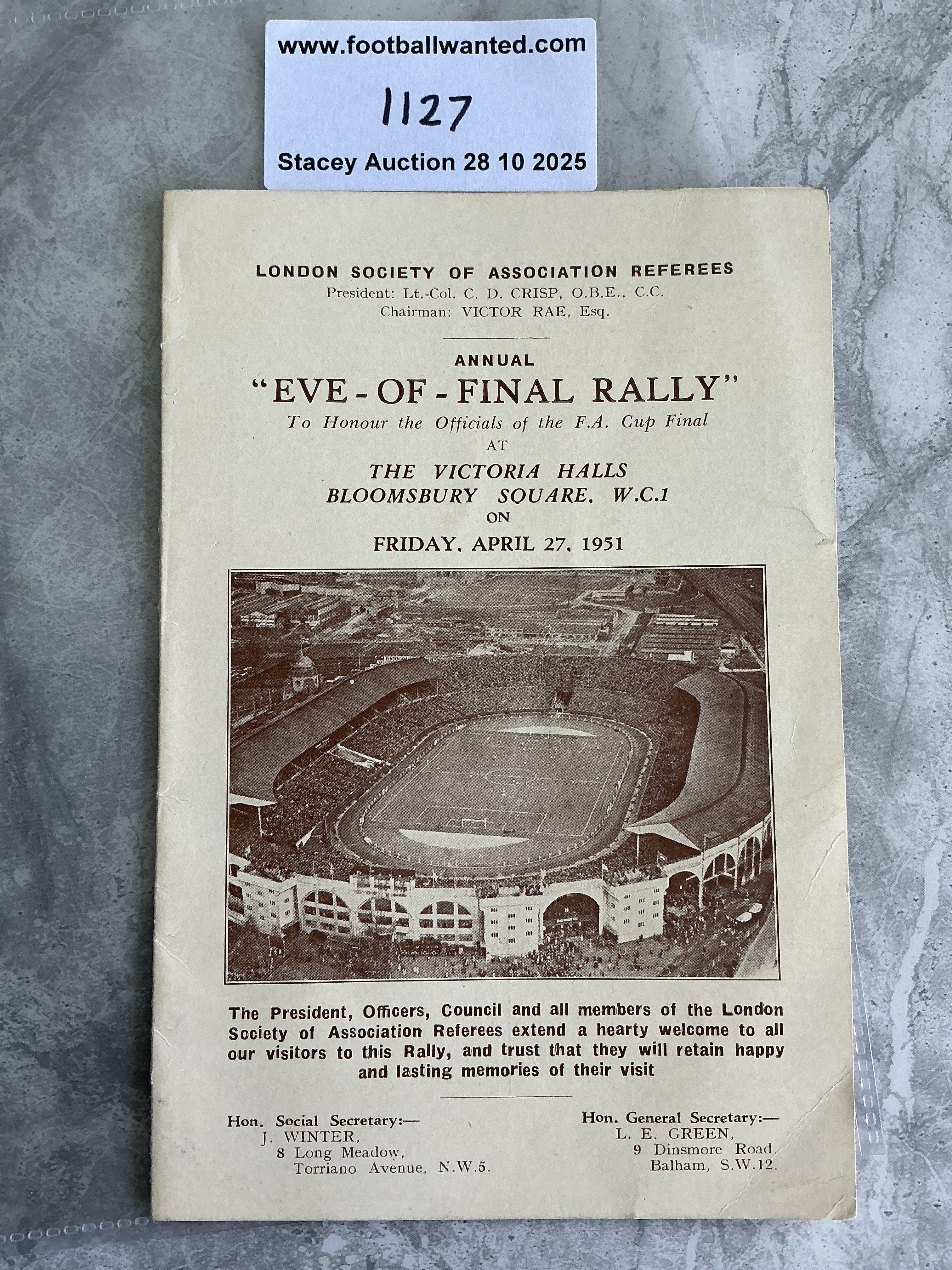 1951 FA Cup Final Eve Of Rally Football Programme: 4 page card for the Blackpool v Newcastle United final. Eve of the final rally is an annual event attended by the referee and linesmen in London the night before the final. Excellent.