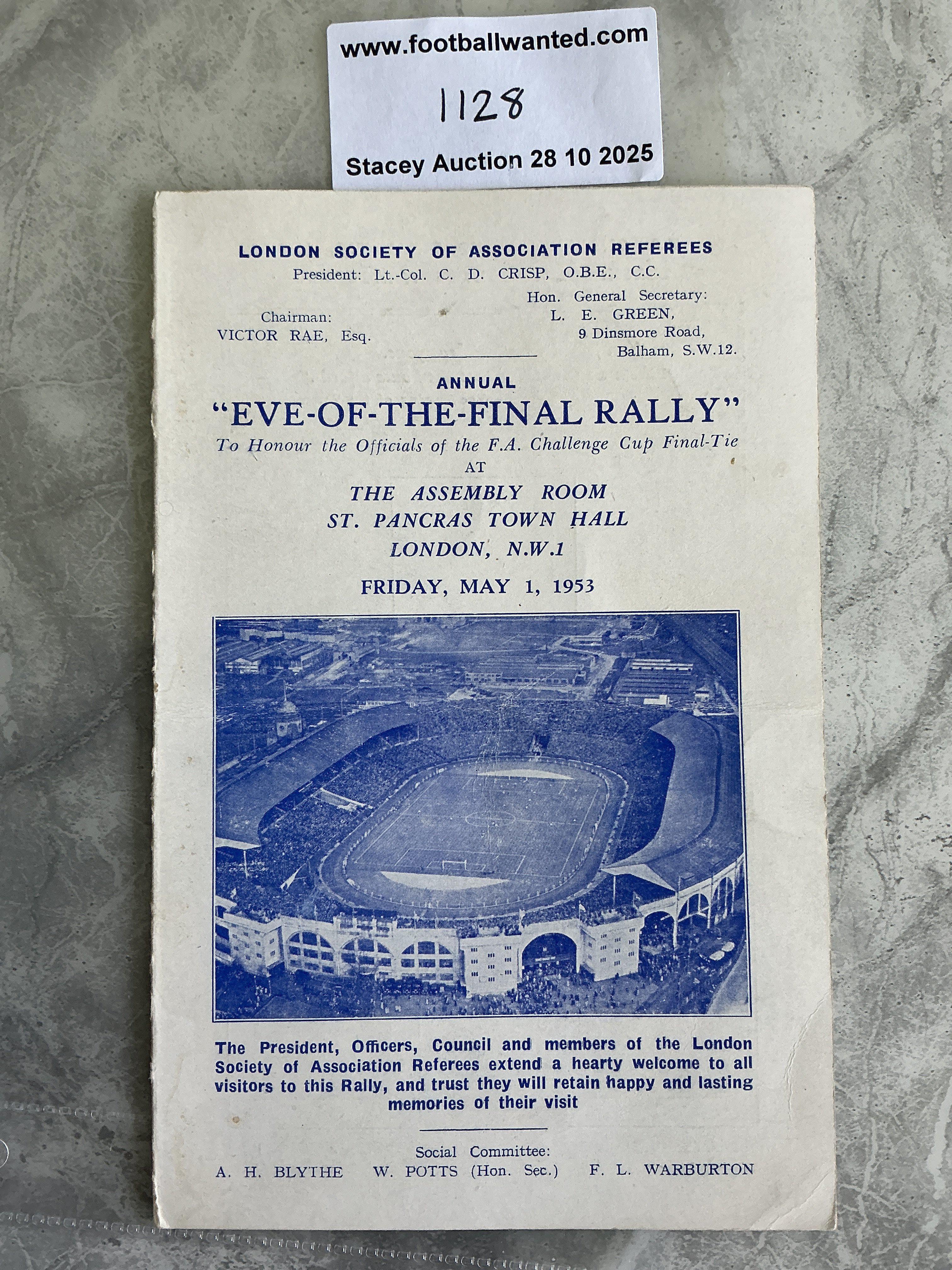 1953 FA Cup Final Eve Of Rally Football Programme: 4 page card for the famous Bolton v Blackpool Great Stans final. Eve of the final rally is an annual event attended by the referee and linesmen in London the night before the final. Excellent.