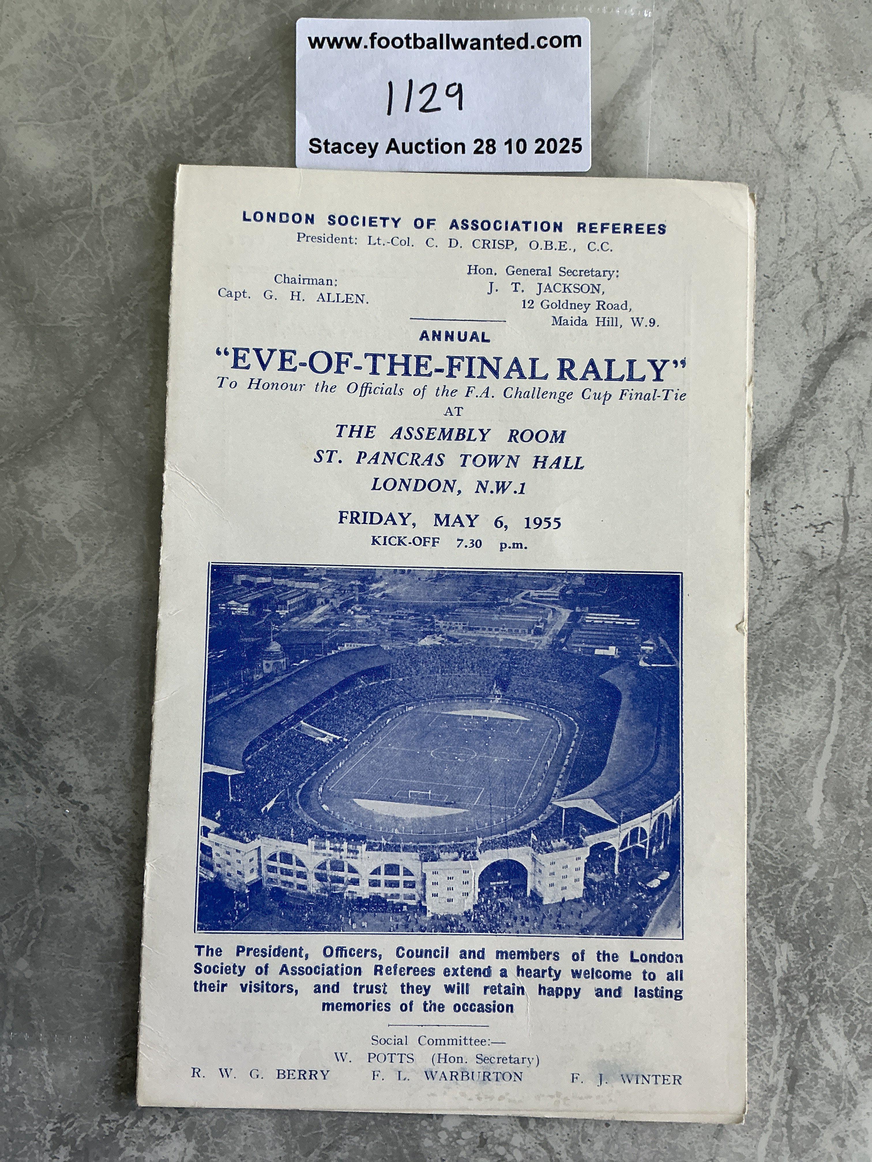 1955 FA Cup Final Eve Of Rally Football Programme: 4 page card for the Newcastle United v Manchester City final. Eve of the final rally is an annual event attended by the referee and linesmen in London the night before the final. Excellent.