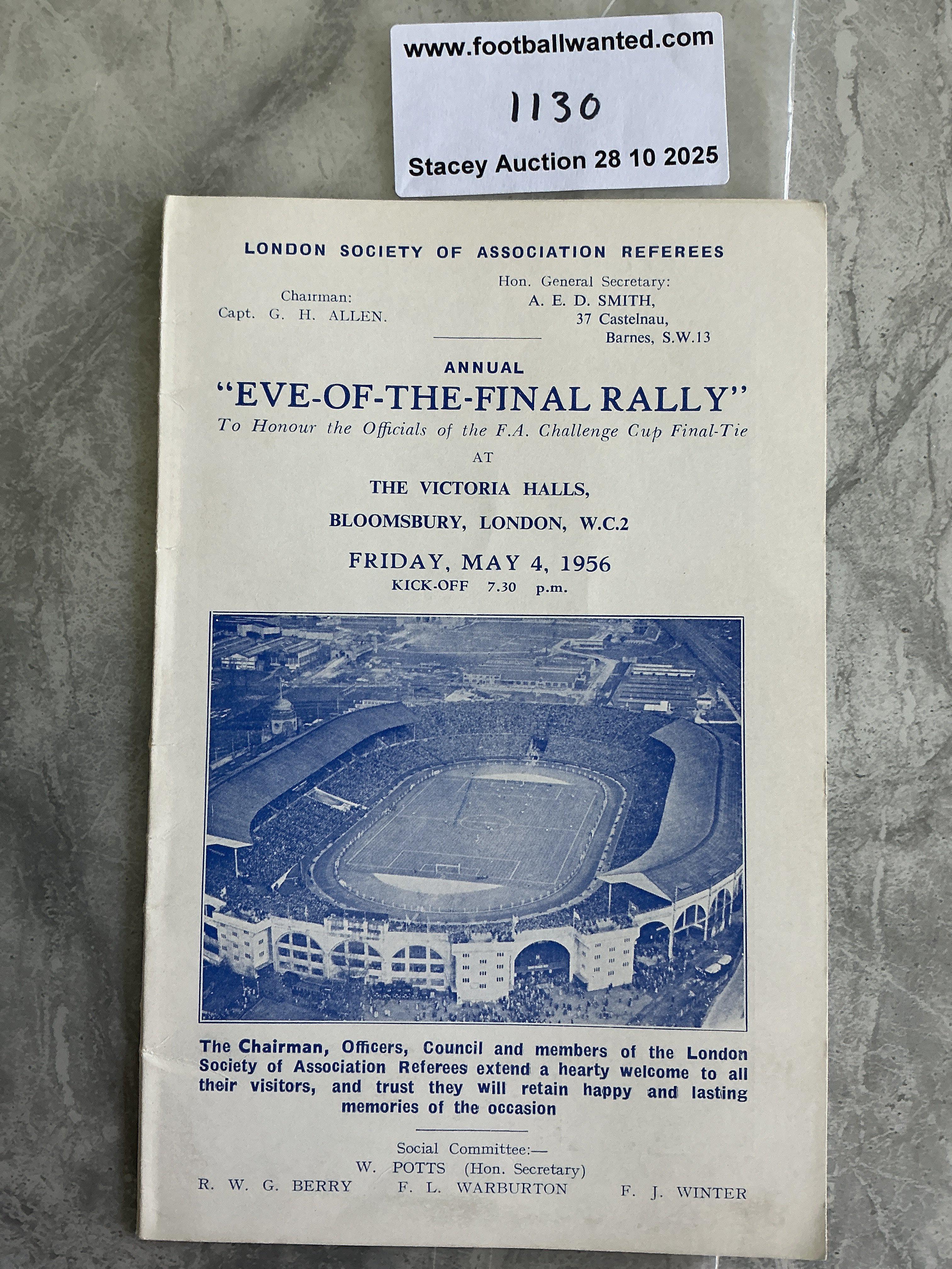 1956 FA Cup Final Eve Of Rally Football Programme: 4 page card for the Birmingham City v Manchester City final. Eve of the final rally is an annual event attended by the referee and linesmen in London the night before the final. Excellent.