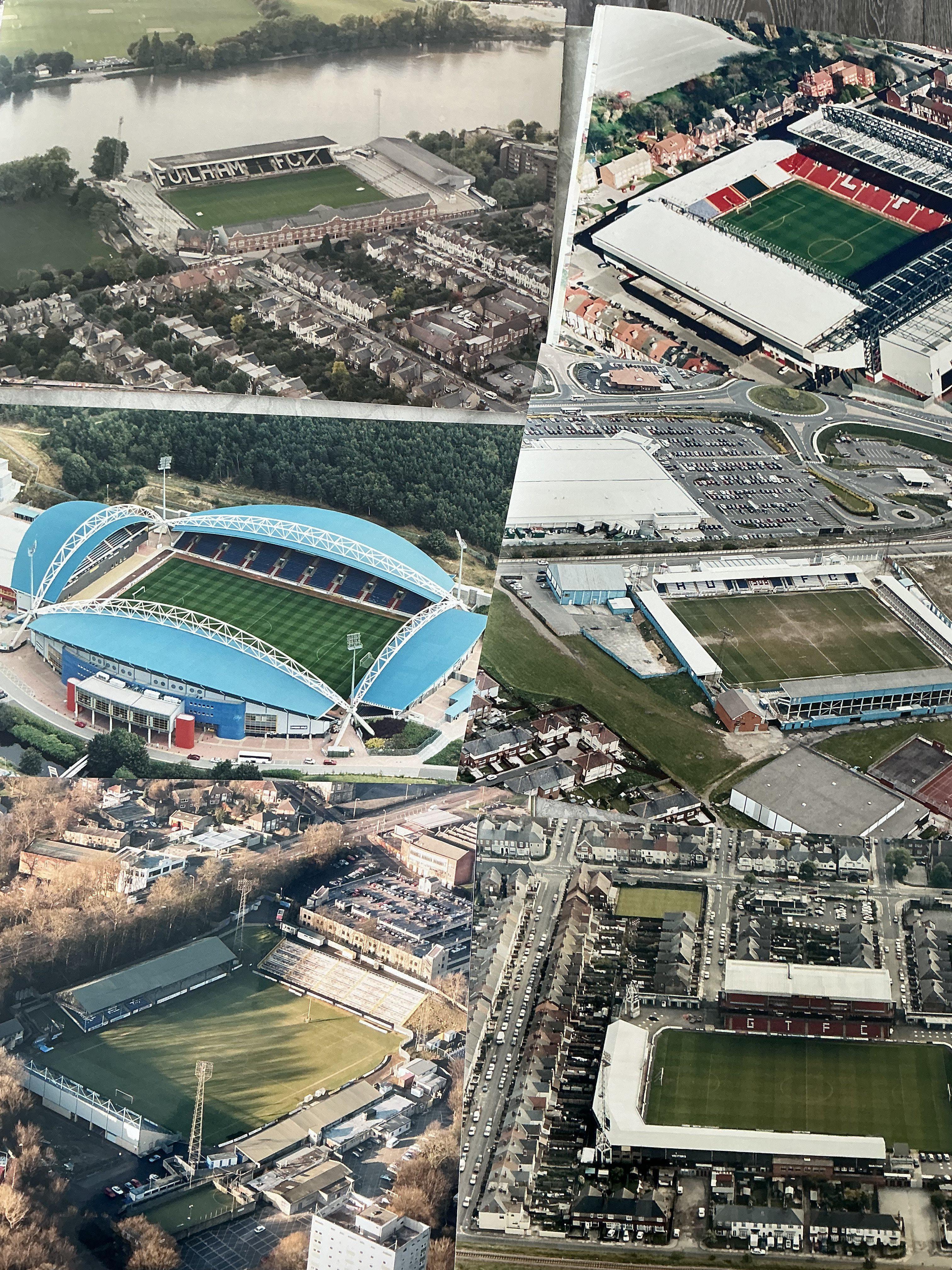 Football Grounds Aerial Photos: Mostly 16 x 12 colour photos for teams F-N which would look great in a man cave or to have in a football quiz. When taken these would have been Englands top 4 divisions clubs to include Fulham Grimsby Halifax Hartlepool Huddersfield Leeds Leicester (Filbert Street) Lincoln Liverpool Macclesfield Man City Man Utd Mansfield Middlesbrough Newcastle Northampton Norwich and Notts County. Top quality large photos. (21)