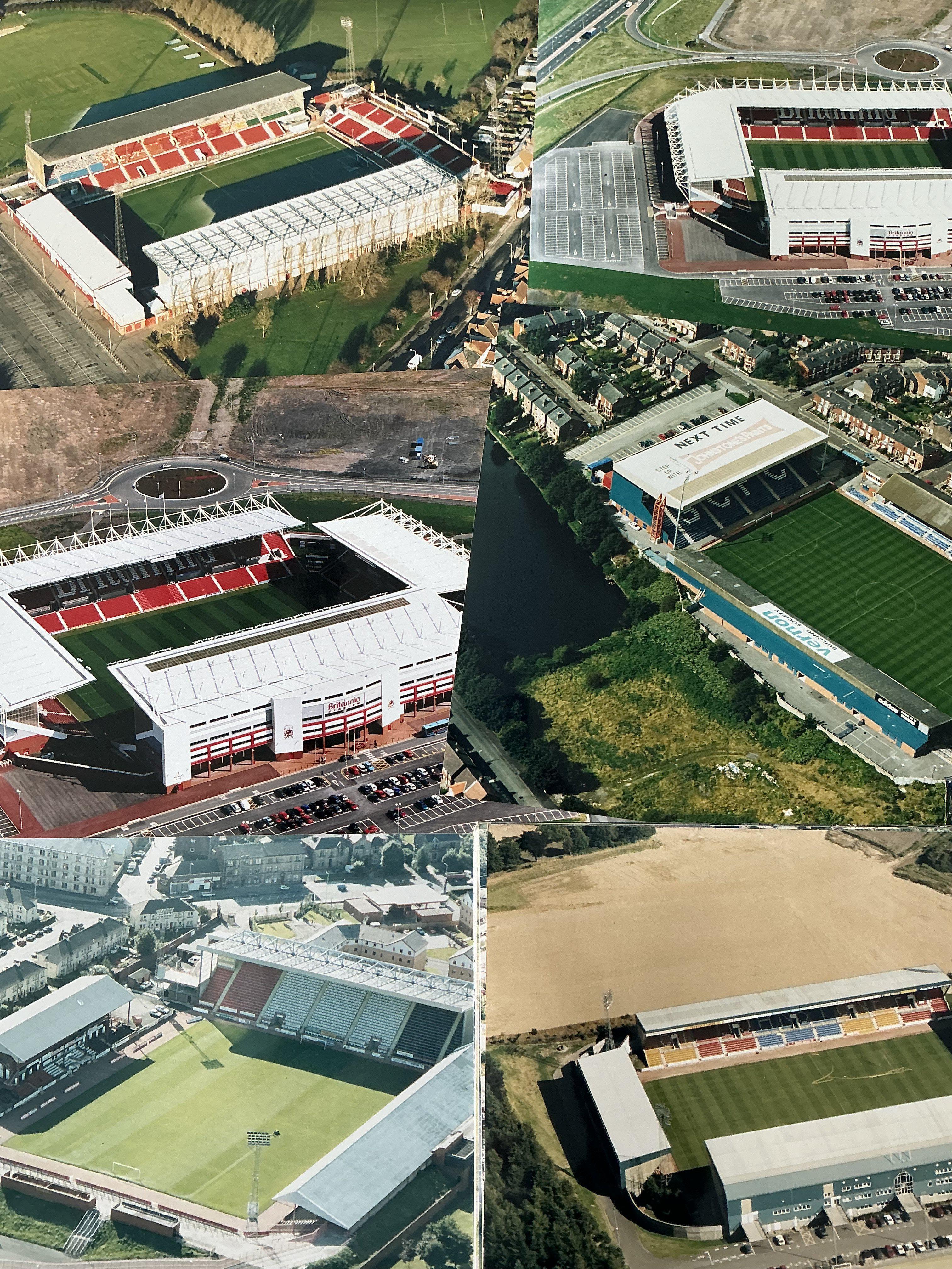 Football Grounds Aerial Photos: 16 x 12 colour photos for teams O-S which would look great in a man cave or to have in a football quiz. When taken these would have been Englands top 4 divisions clubs with the odd Scottish club. Includes Oldham Oxford Peterborough Plymouth Portsmouth QPR Rangers Rochdale Rushden Scunthorpe Sheff Wed Southampton Dell + St Marys St Johnstone St Mirren Stockport Stoke and Swindon. Top quality large photos. (20)