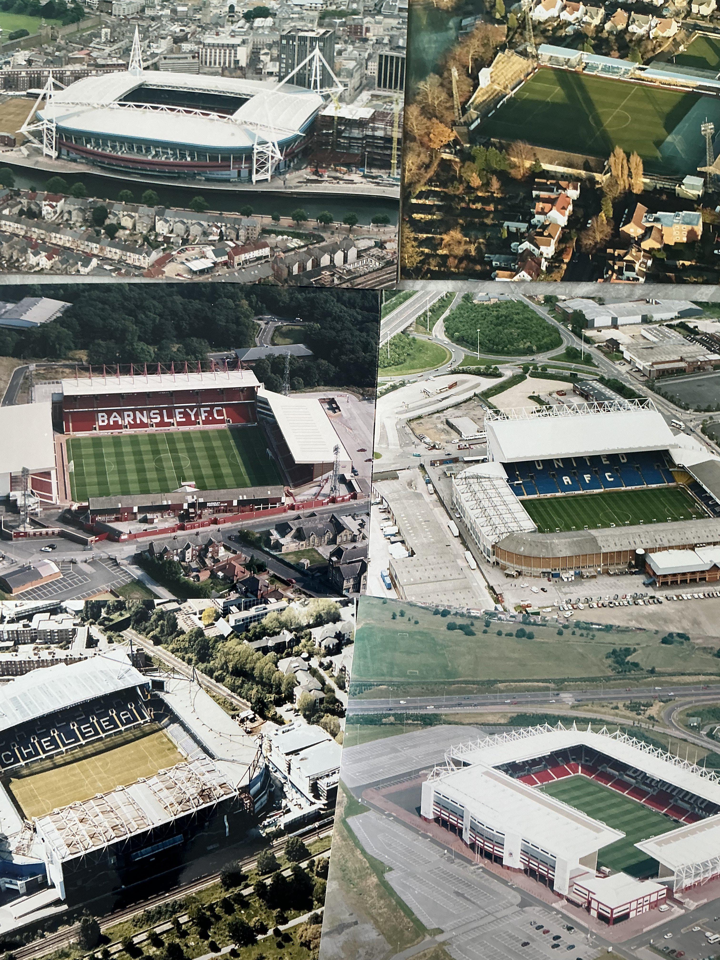 Football Grounds Aerial Photos: 16 x 12 colour photos which would look great in a man cave or to have in a football quiz. When taken these would have been Englands top 4 divisions clubs. Includes Barnsley Derby Chelsea Leeds Oxford Stoke Cardiff Halifax Mansfield Southampton Sunderland Tranmere West Ham Wrexham Wycombe and York. Top quality large photos. (16)