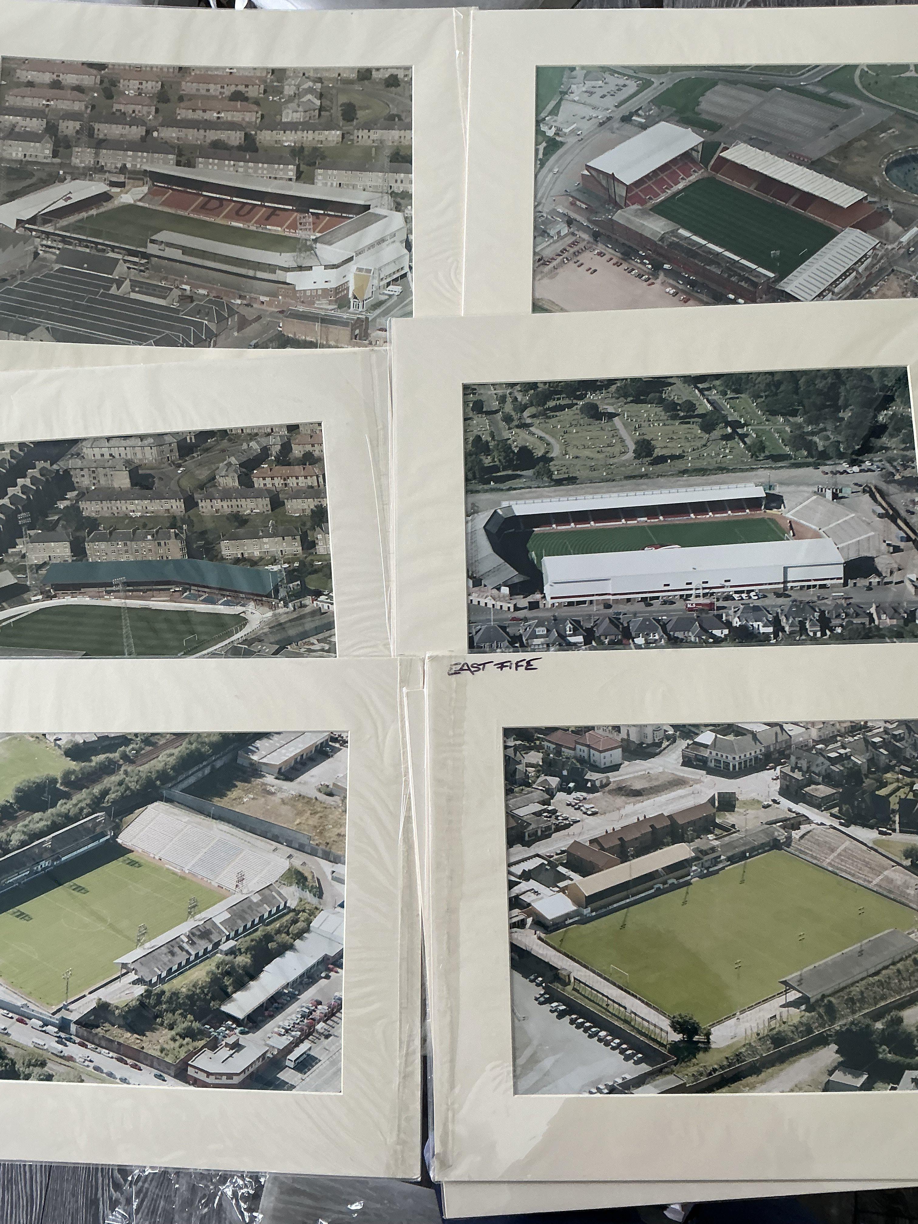Scottish Football Grounds Mounted Aerial Photos: 16 x 12 colour photos for teams which would look great in a man cave or to have in a football quiz. Includes Aberdeen Dundee Dundee Utd East Fife Morton Dunfermline Falkirk and Rangers. Top quality large photos. (8)