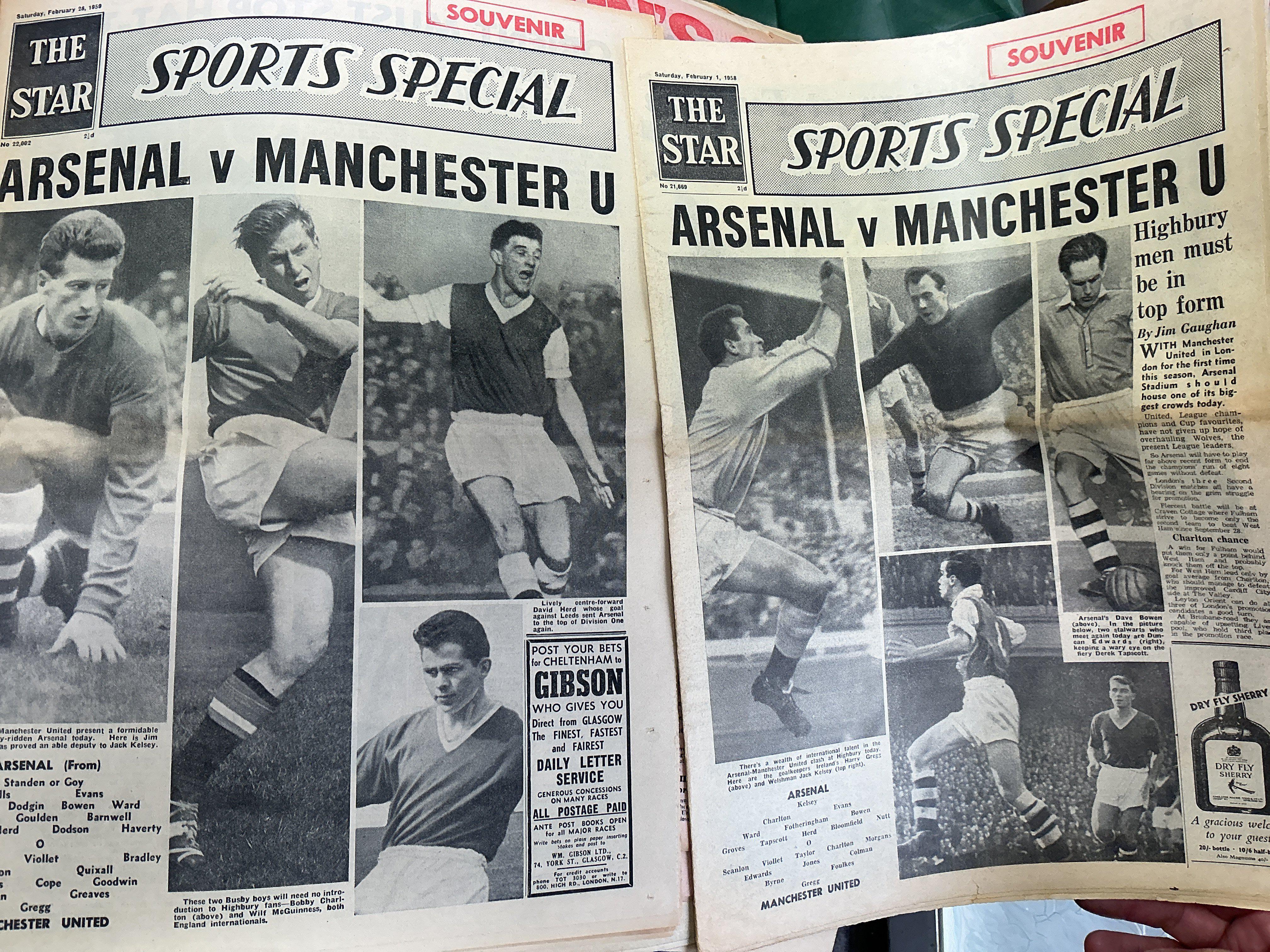 Manchester United Late 1950s Football Newspapers: Mainly full newspapers to include 1st Feb 1858 which is a build up to the match at Arsenal which ended 4-5 but was more known to be the last match of the Busby Babes in the UK. 1958 FA Cup final and semi final + replay, Munich disaster, 1957 FA Cup final, 1968 European Cup Final and more. 15 full newspapers plus many cuttings.