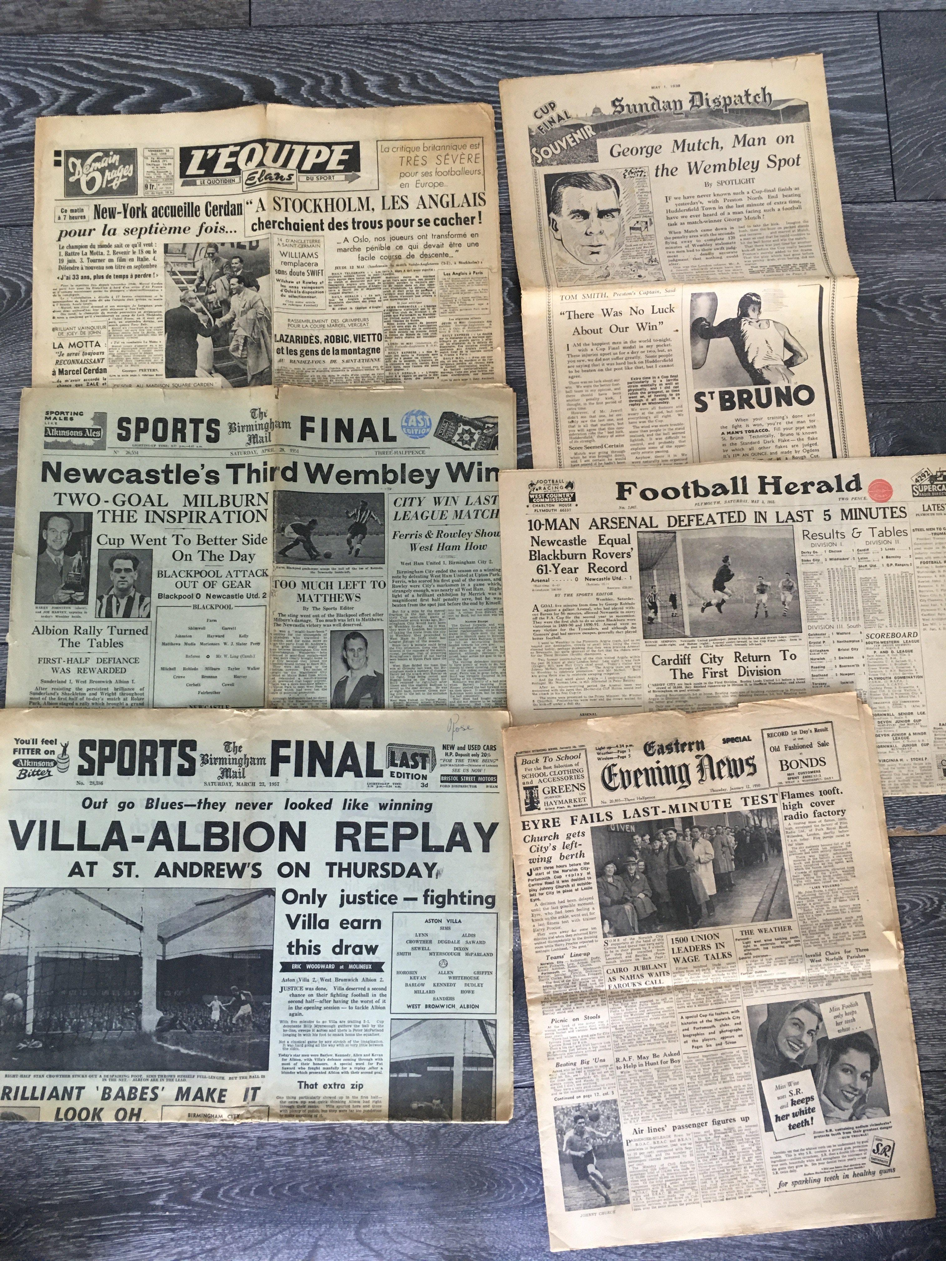 Football Newspapers: 49/50 Norwich v Portsmouth FA Cup Eastern Evening News, 1957 FA Cup semi final Aston Villa v West Brom, 1952 FA Cup Final Arsenal v Newcastle, 1951 Blackpool v Newcastle, 1938 FA Cup Final Preston v Huddersfield, 1949 Sweden v England (French Paper). Good. (6)