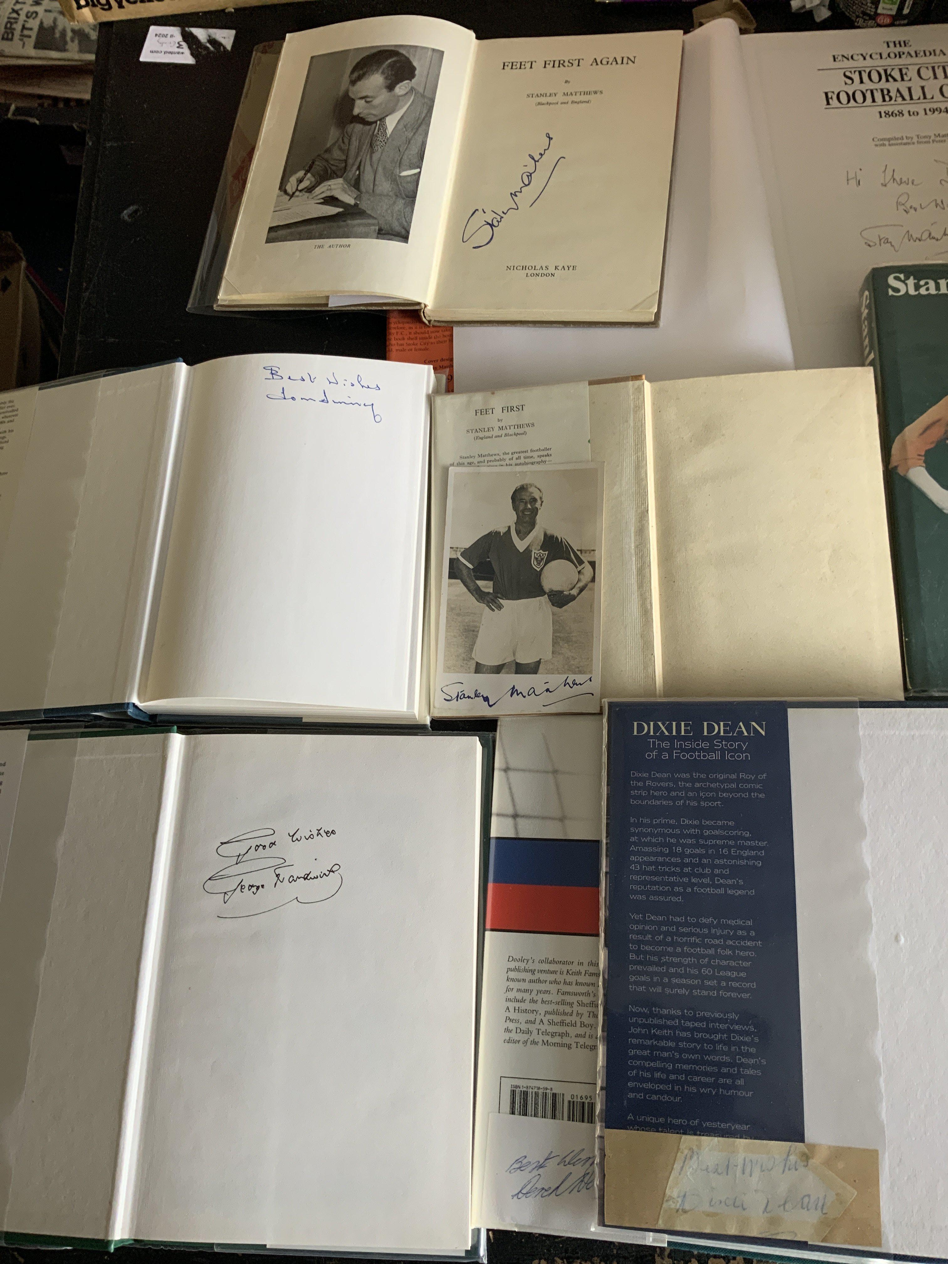 Signed Football Books: Includes Finney Matthews Hardwick all undedicated plus Dean stuck in, Dooley with white card and a further Matthews with signed postcard. (7)