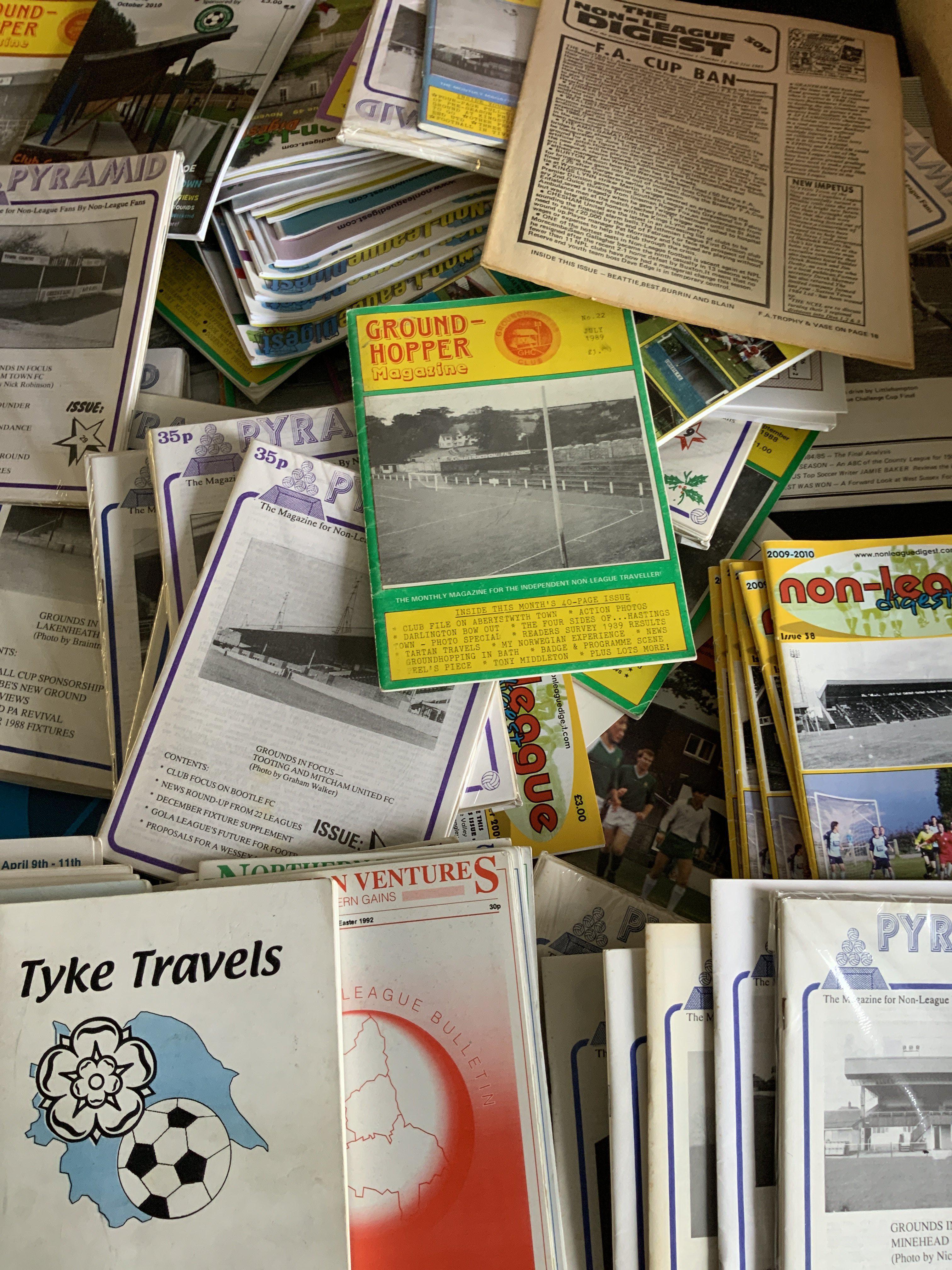 Non League + Groundhopper Magazines: Includes magazines named Pyramid, Non League Digest, Ground Hopper, Northern Ventures from the 80s onwards. Instructions to sell. (150+)