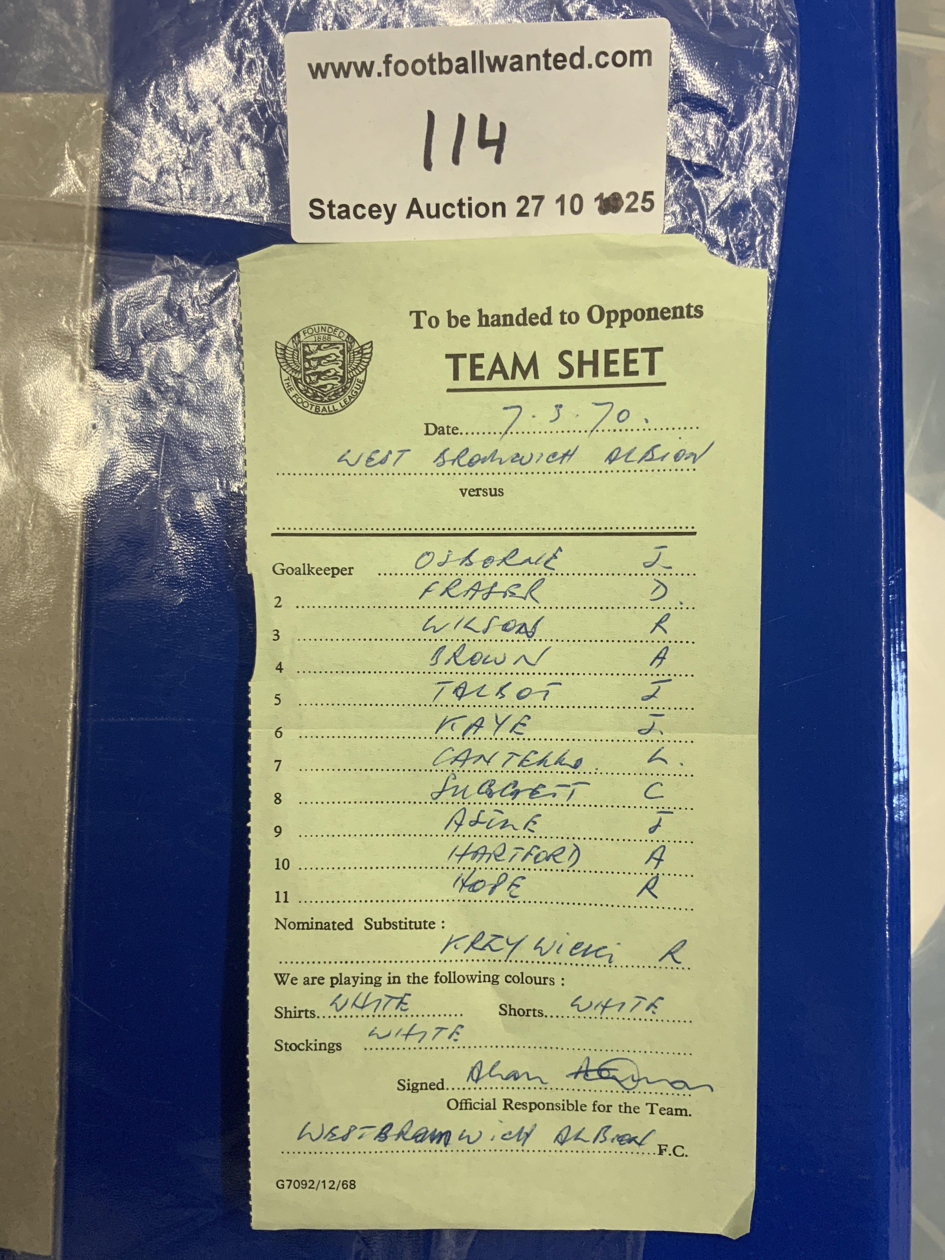 1970 League Cup Final Official Hand Written Team Sheet. Issued and signed by Alan Ashman West Brom manager and given to the referee. One of only 3 ever produced.