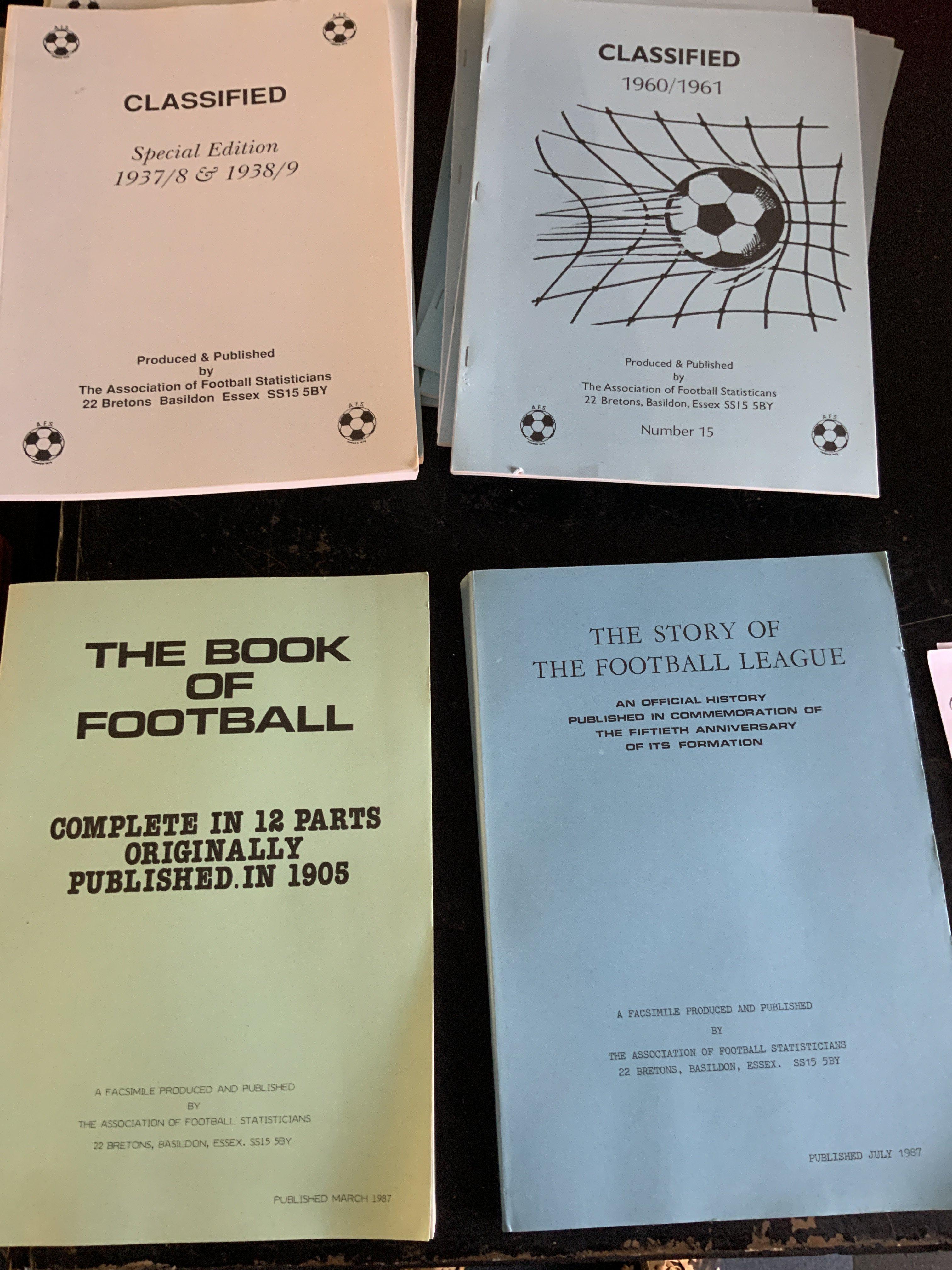 Football Statisticians Books: From 37/38 to 67/68 excluding the war. C/W a reprint of two pre war books. Excellent. (22)