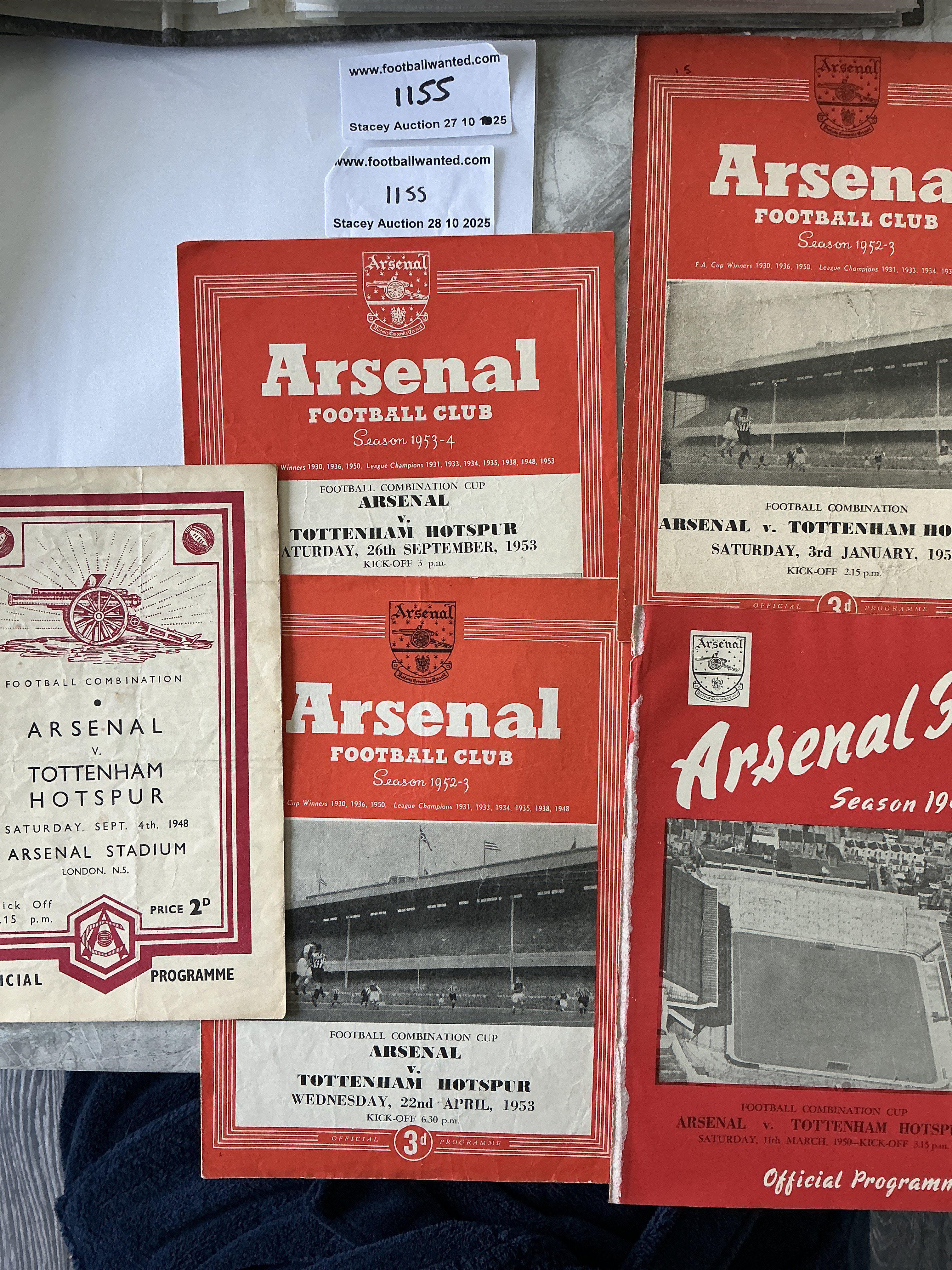 Arsenal v Tottenham Reserves Football Programmes: 48/49, 49/50 ex bound, 52/53 League + Cup, 53/54. Good unless stated. (5)