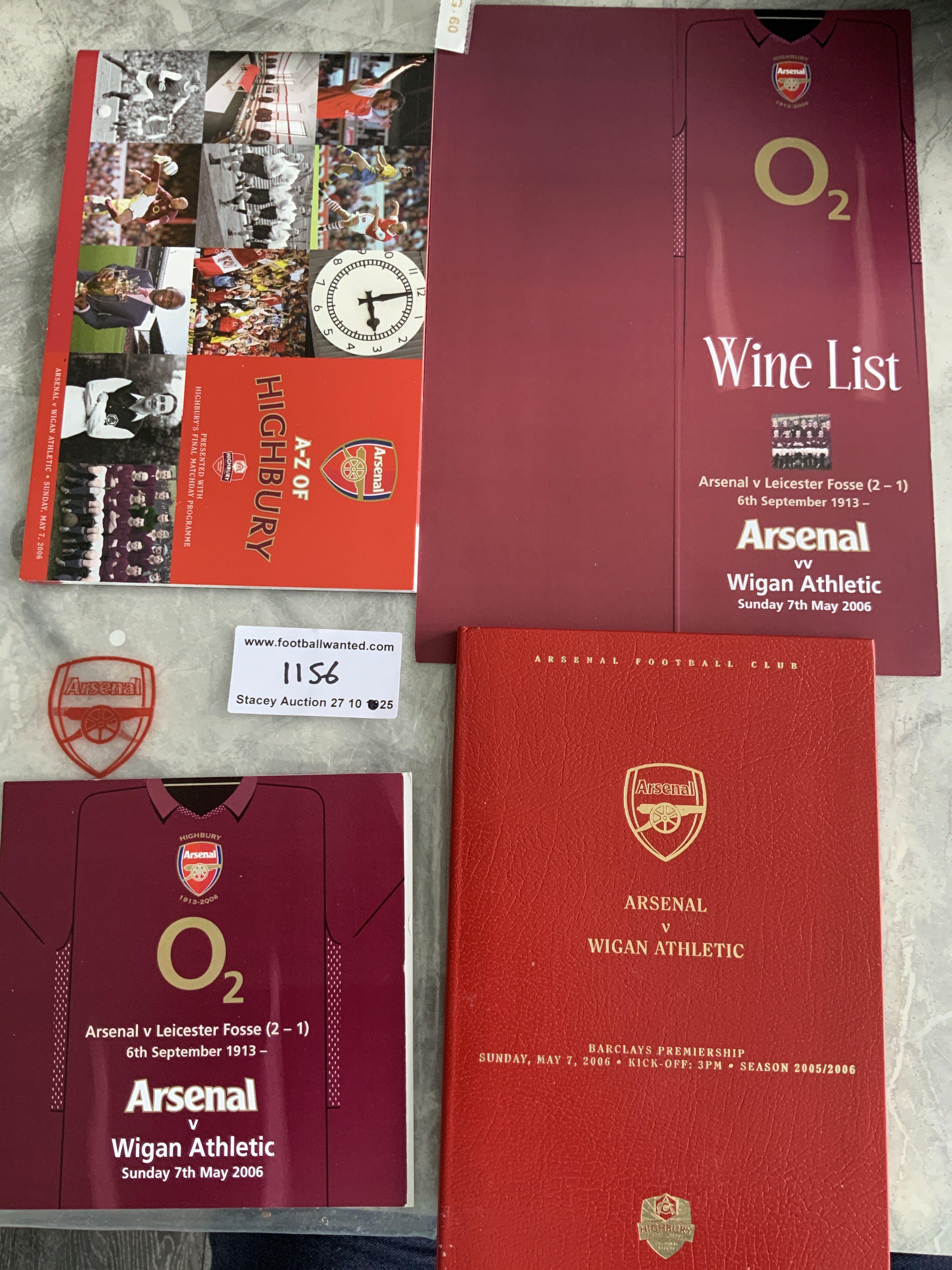 Arsenal Last Match At Highbury Football Memorabilia: Official bag containing hardback programme number 135 signed by Hill-Wood and soft cover booklet programme. C/W menu and wine list from the final match.