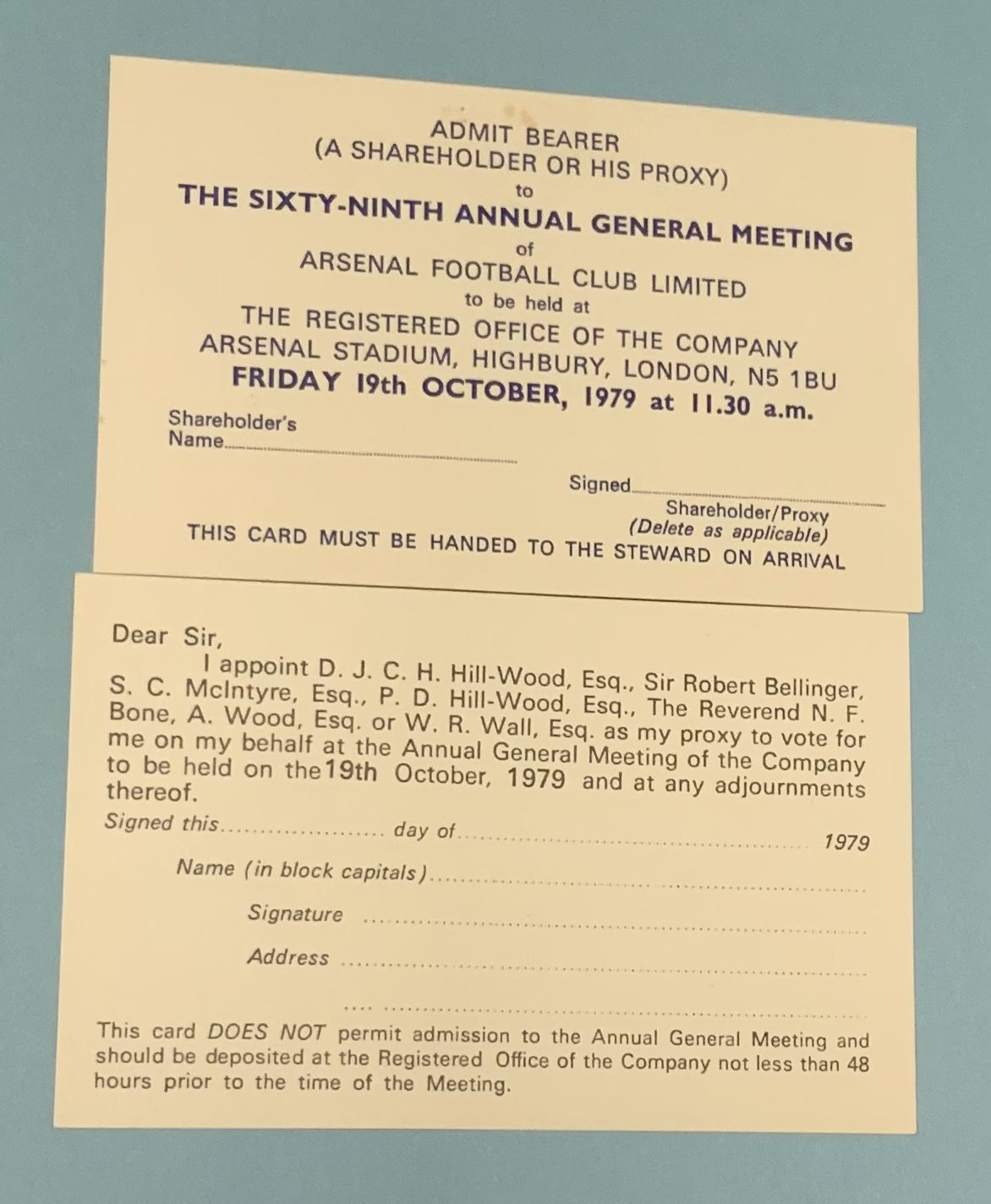 Arsenal Football Club Accounts + Reports: End of year Directors Reports and Statements of Accounts starting with 1950 and 1952 and then a near complete run from 1965 to 2017. A Bertie Mee autograph on 1971 - 72 report. Also present are some meeting invites as well as a folder of November half year reports from 1999 to 2016. Booklet referring to the 1991 bond scheme included. Three binders with some minor duplication. (Estimate 80)