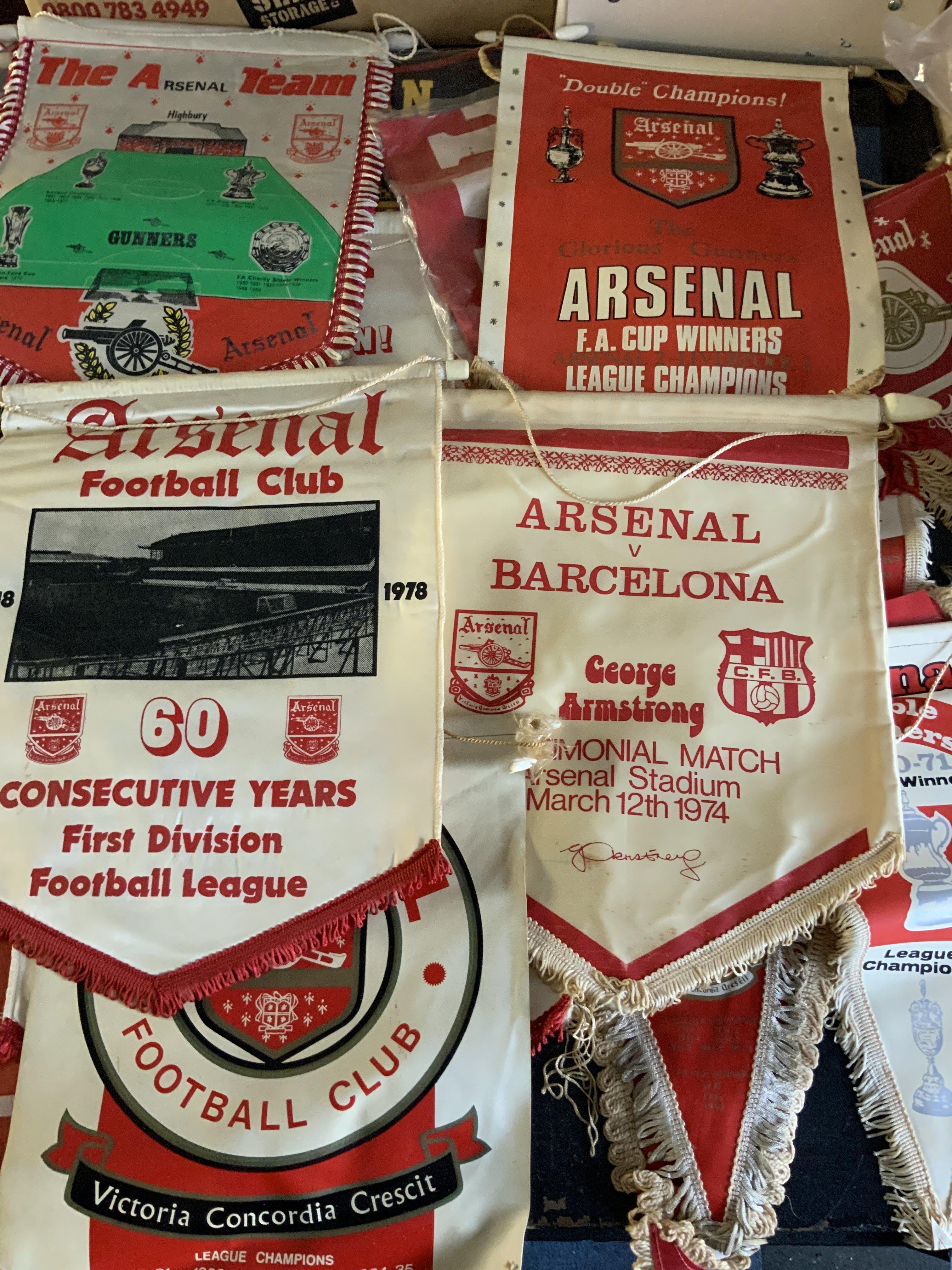Arsenal Pennants + Rosettes: Superb collection not to be missed. Nice pennants include 1974 Armstrong Testimonial, Double Winners 70/71, Fairs Cup Winners, Cup Final 78, 60 consecutive years 1978 in top fight and many more. (17) C/W 27 rosettes including cup finals throughout the 70s.