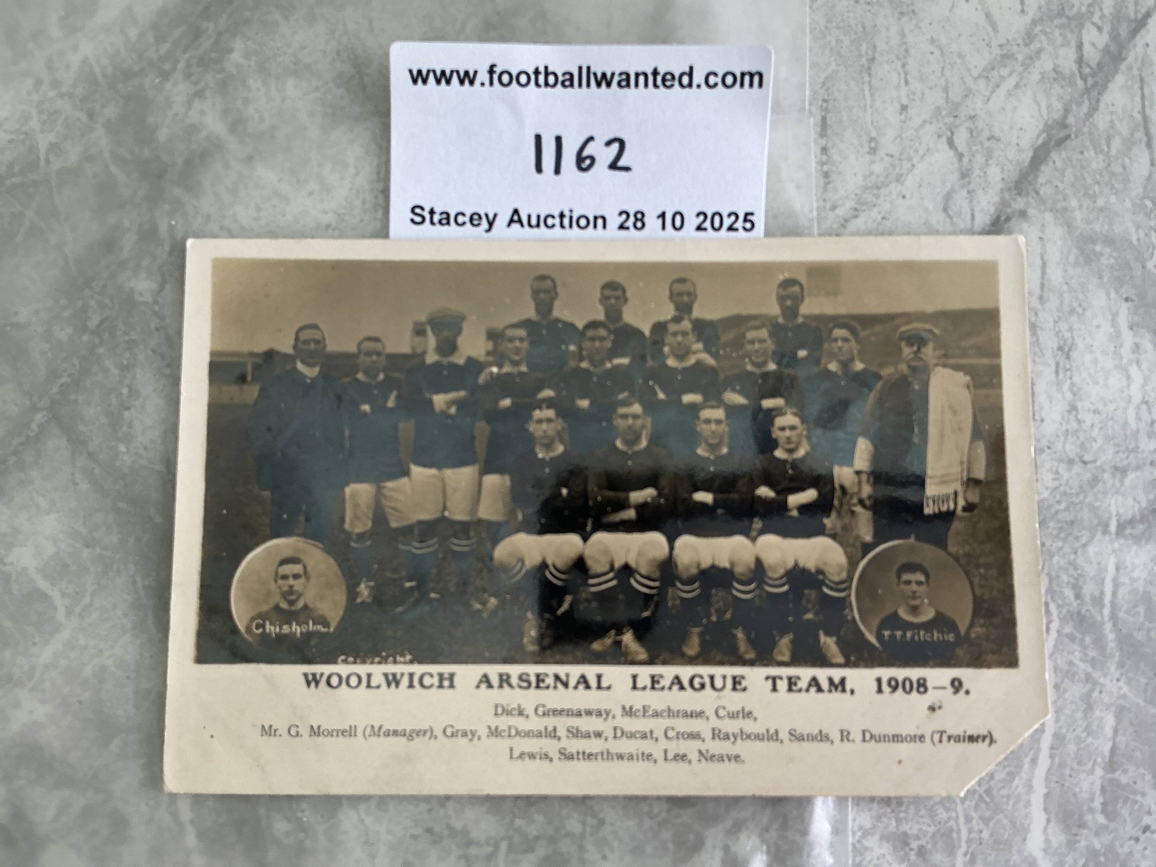 1908 - 1909 Woolwich Arsenal Football Postcard: Original postcard of team group has piece cut from border not affecting picture or text.