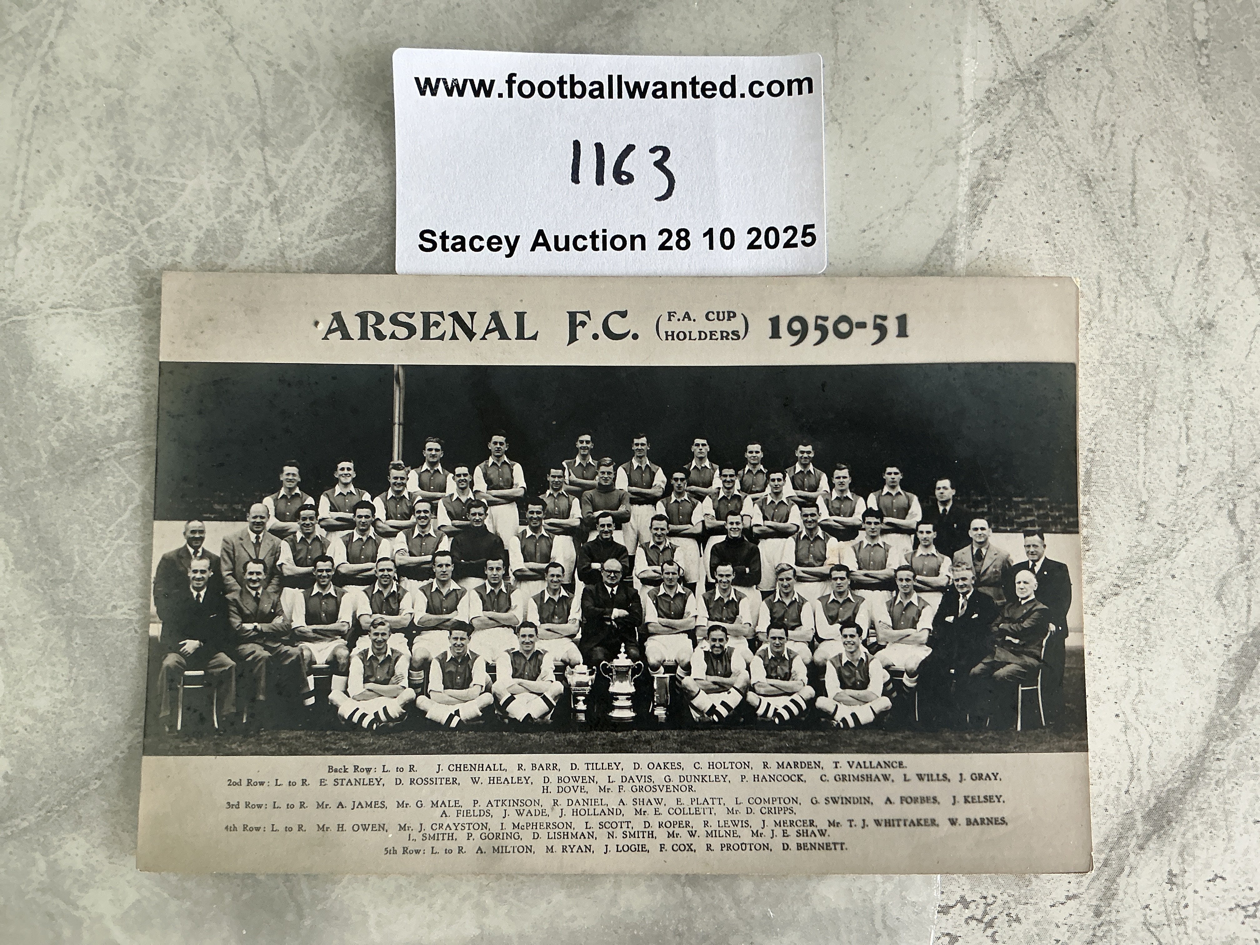 1950 - 1951 Arsenal Football Postcard: Original postcard of team group and staff with the FA Cup. Very good.