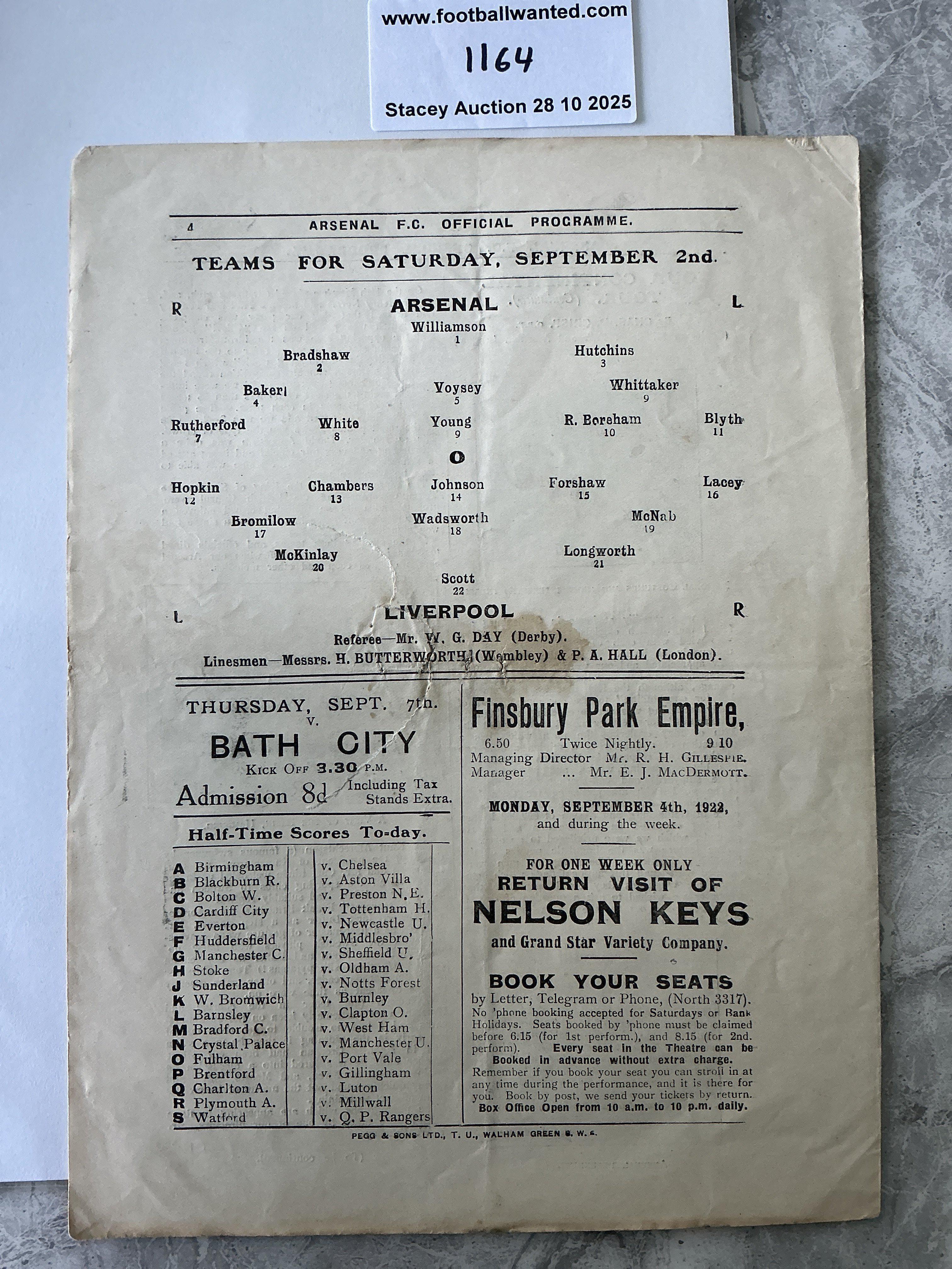 1922 - 1923 Arsenal v Liverpool Football Programme: Fair condition 4 page sheet with no team changes. Tiny tears to centre and small stain.